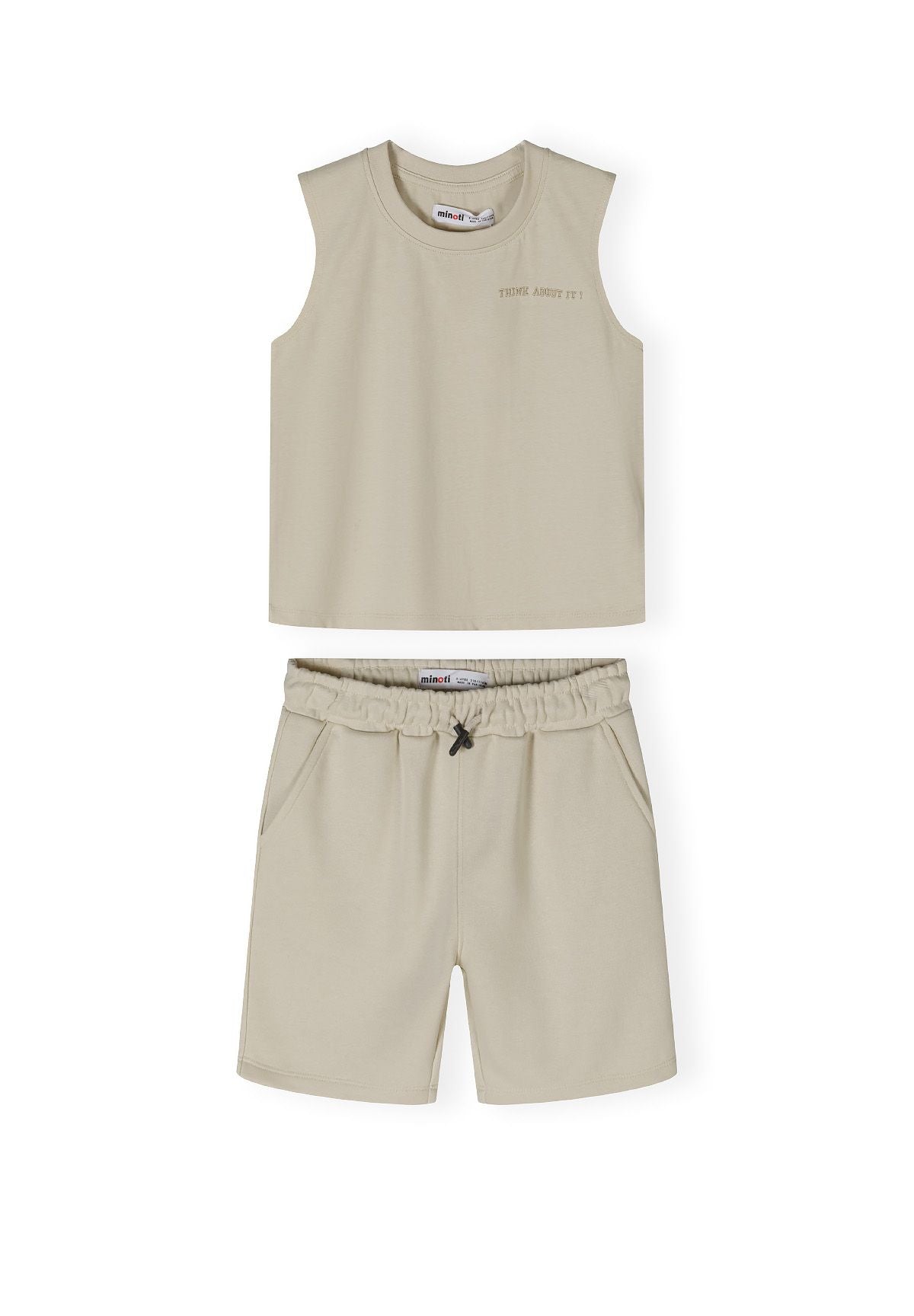 Boys vest and shorts set in neutral grey, featuring a sleeveless vest with a round neckline and elasticated shorts with