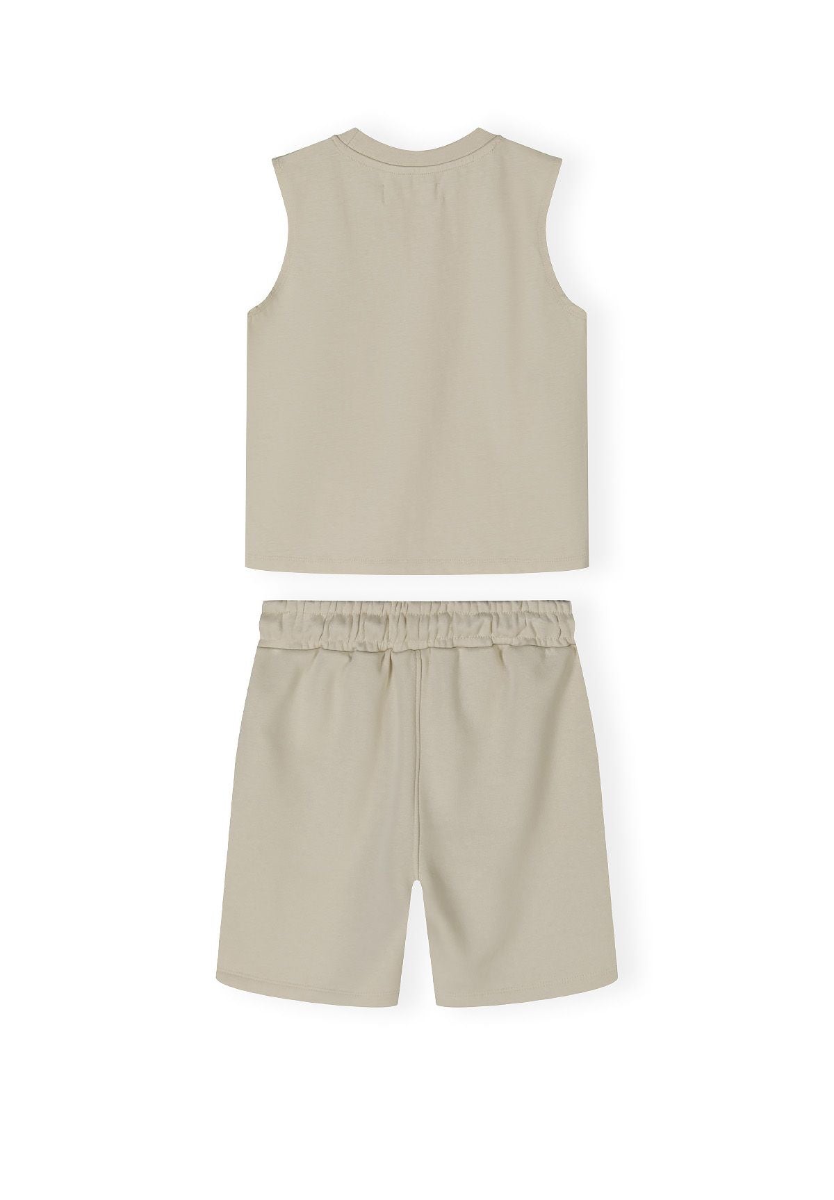 Boys grey vest and shorts set, back view, features elasticated waistband and sleeveless design.