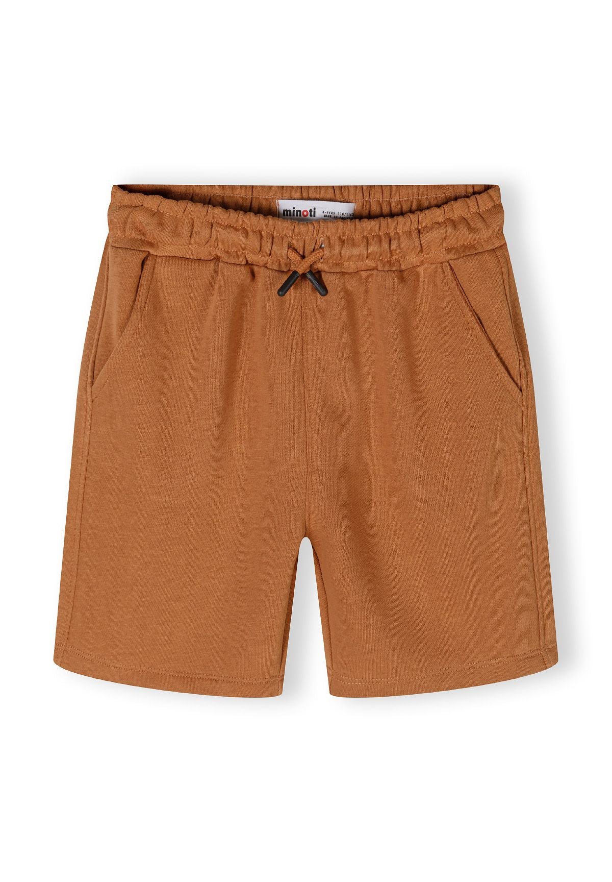 Beige shorts with side pockets and elasticated waistband, front view.