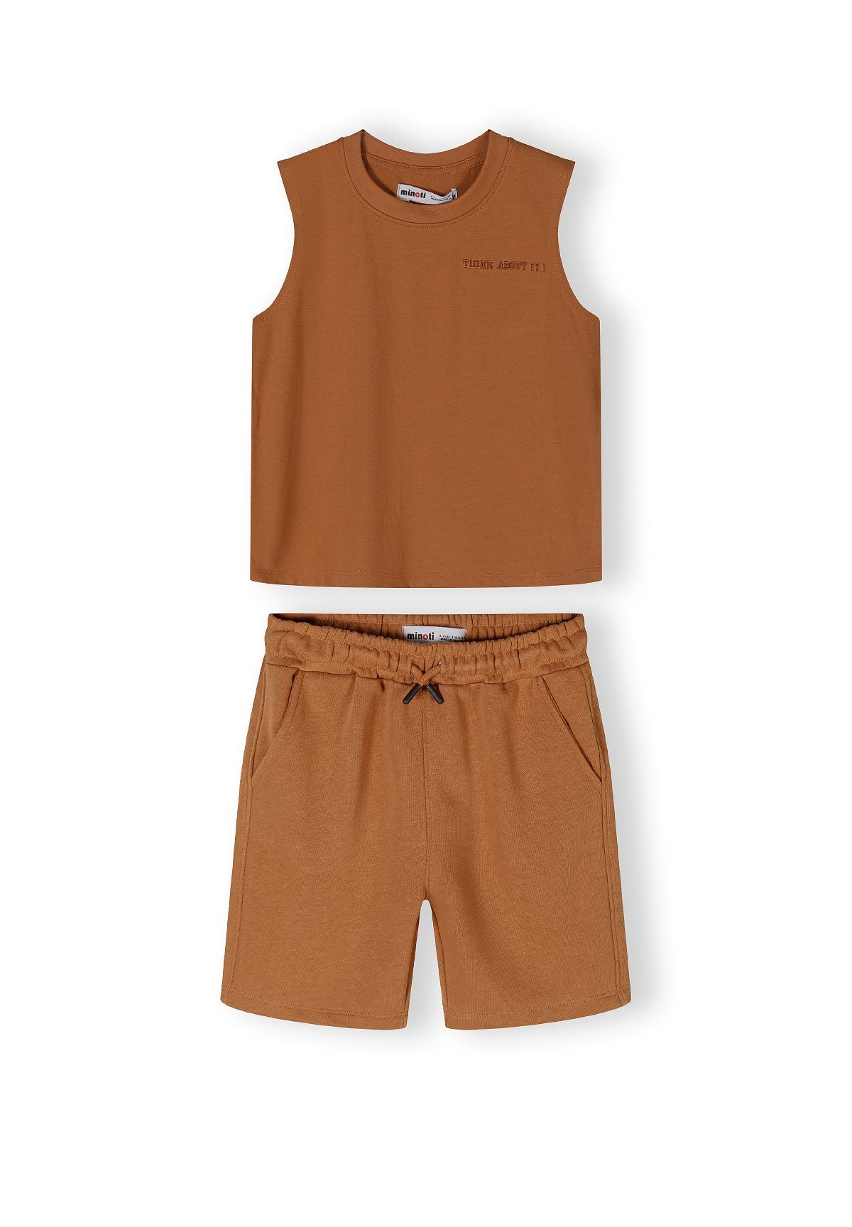 Rust brown vest and shorts set, set front.