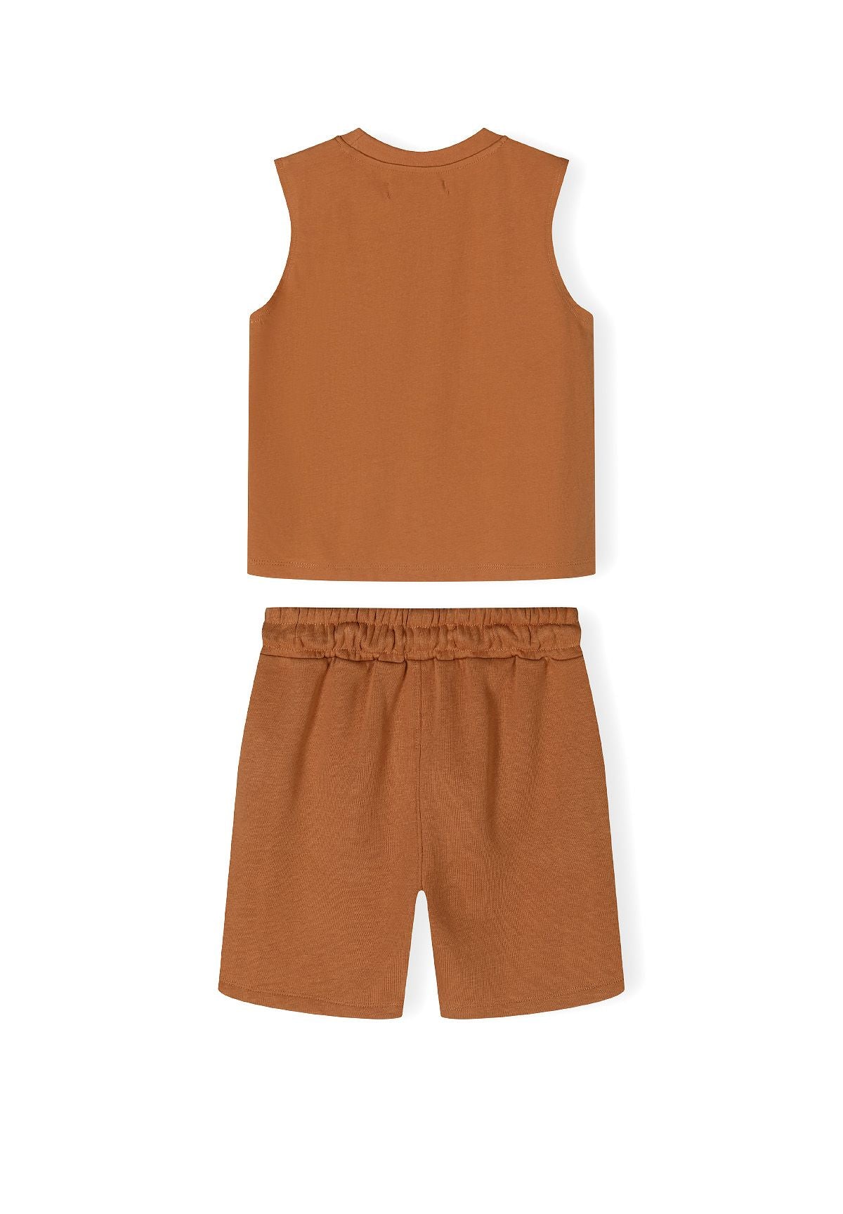 Rust brown vest and shorts set, set back.