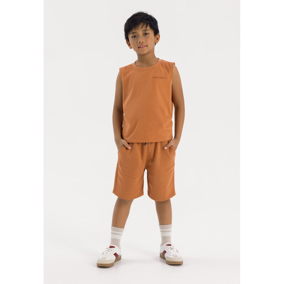 Boys' vest and shorts set in rust brown — complete product view for square Shop card