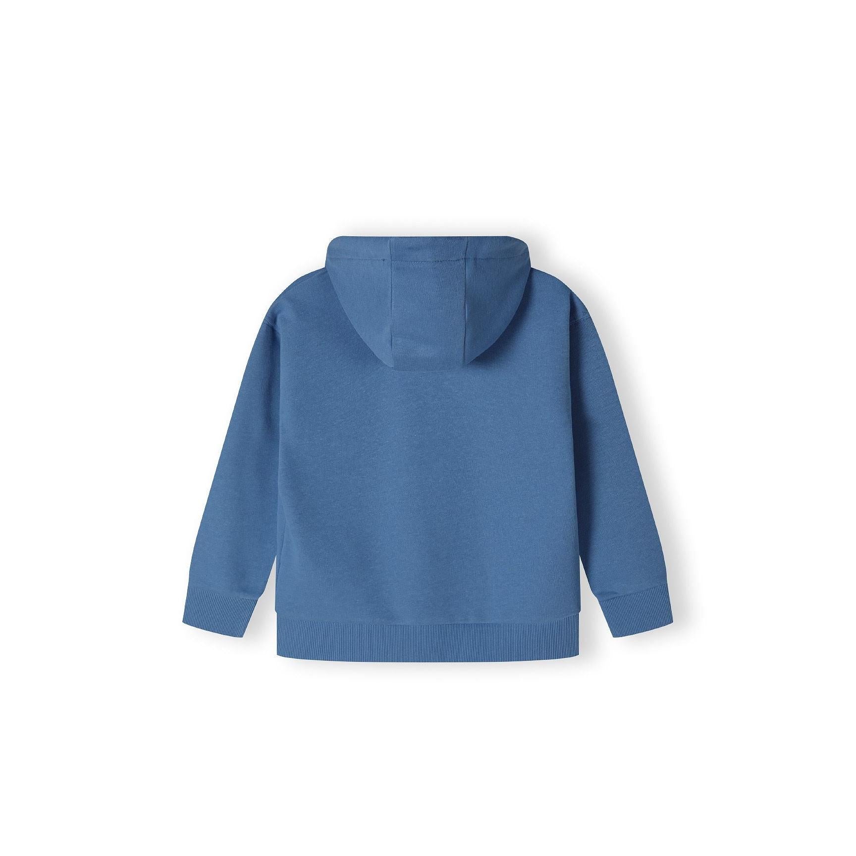 Back view of blue fleece hoodie showing hood and ribbed hem details on white background