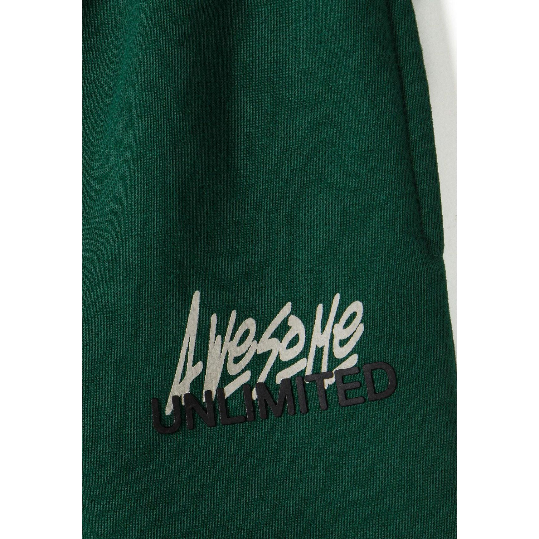 Close-up detail of Awesome Unlimited print in white and black text on green fleece fabric
