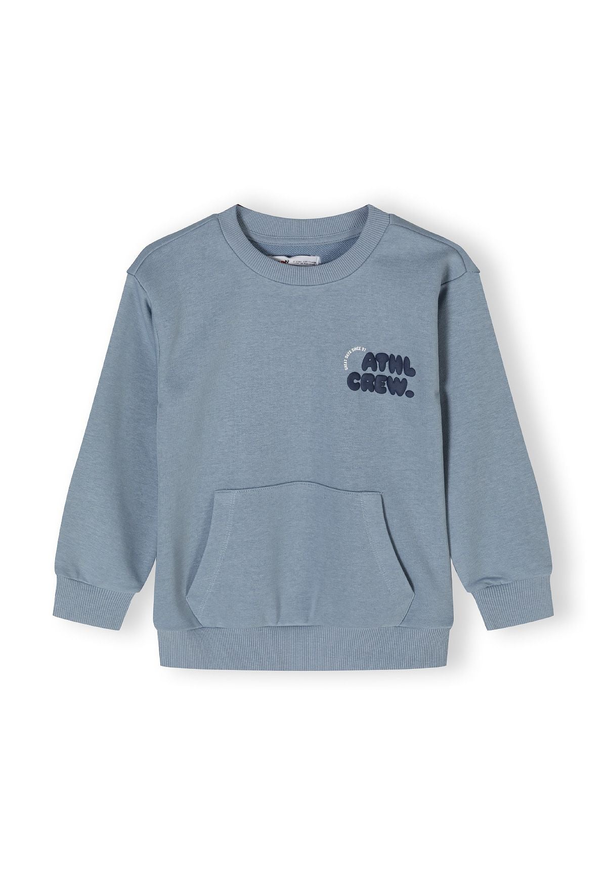 Sudadera cuello redondo azul gris, bolsillo canguro