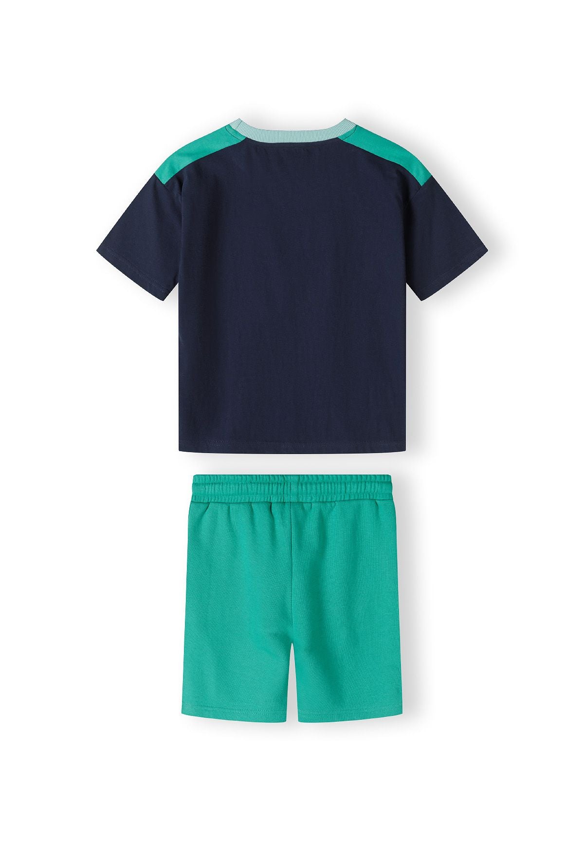 Navy and green t-shirt and shorts set, set back.
