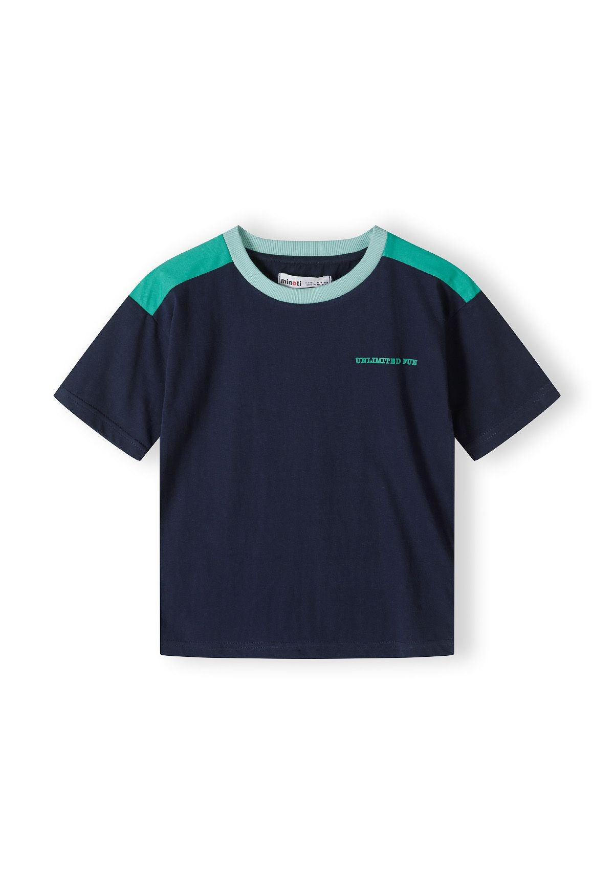 Boys short sleeve t-shirt, front view, features round neckline and decorative chest print.