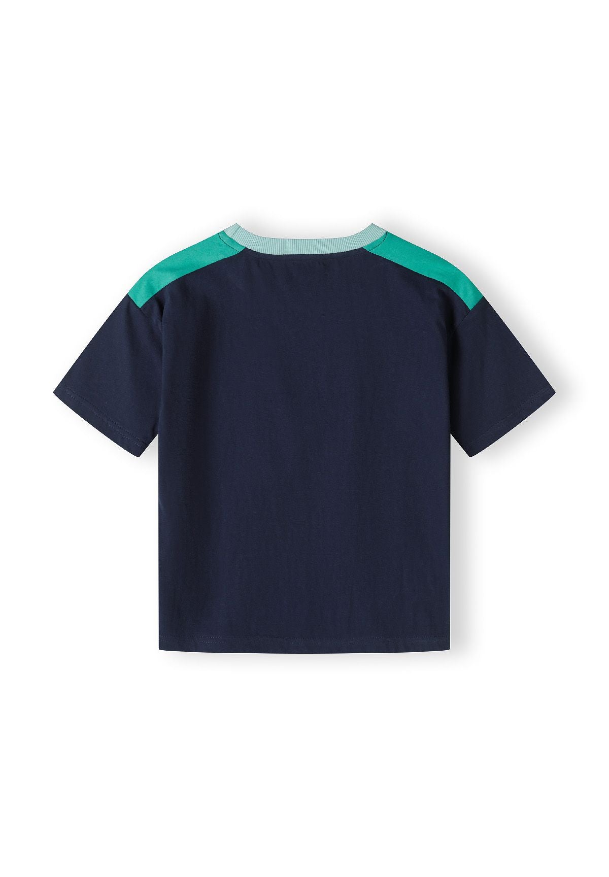 Boys short sleeve t-shirt in navy with green accents, back view.
