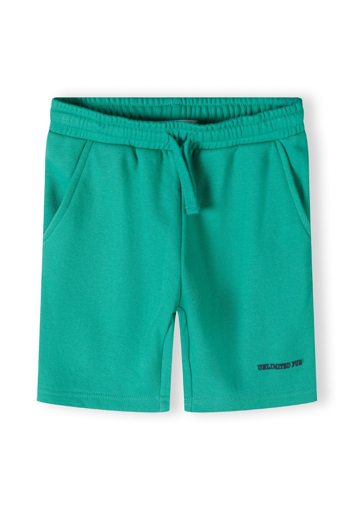 Fleece shorts in green with elastic waistband and drawstring, front view.