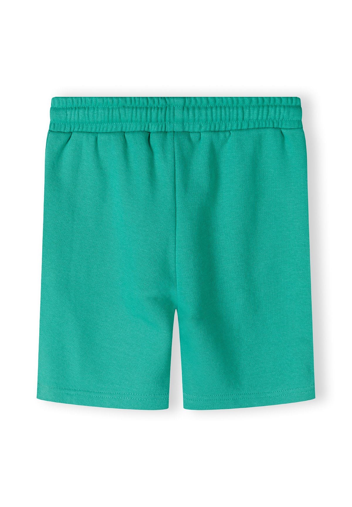 Fleece shorts in green with elastic waistband and drawstring, back view.