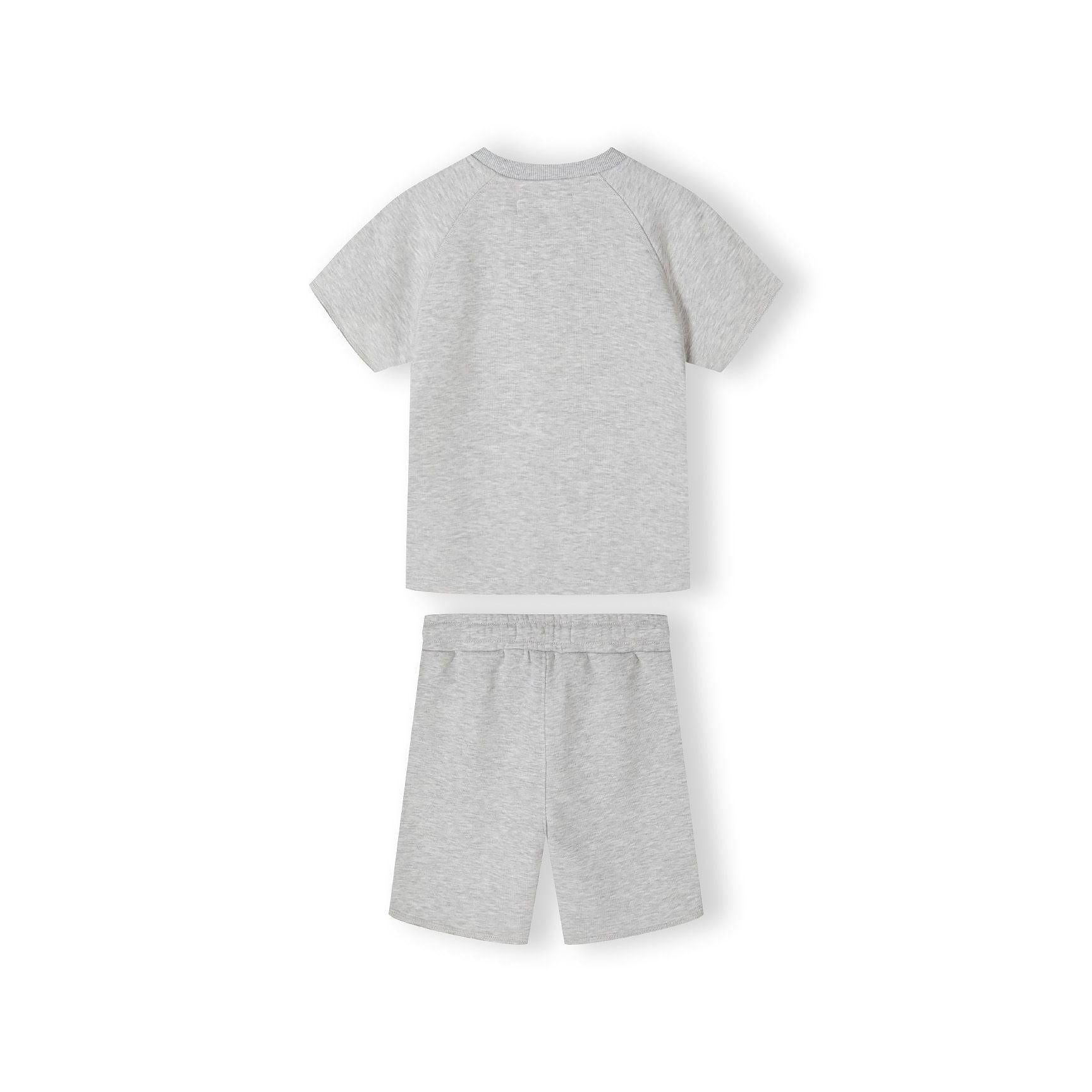 Close-up detail of grey shorts showing Nice One text print on leg and hemmed bottom edge on white background
