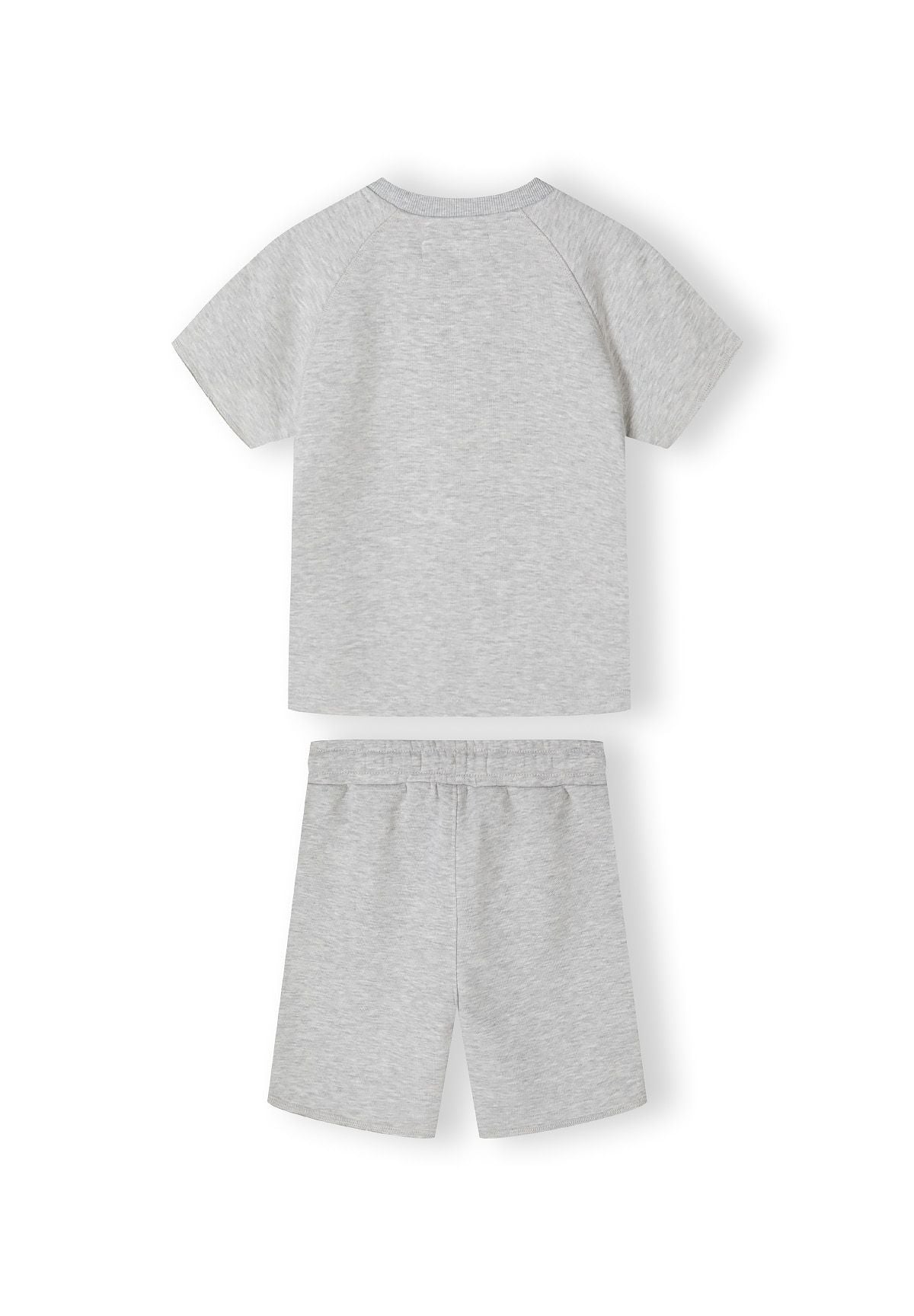 Boys grey short sleeve t-shirt and shorts set, back view, features raglan sleeves.