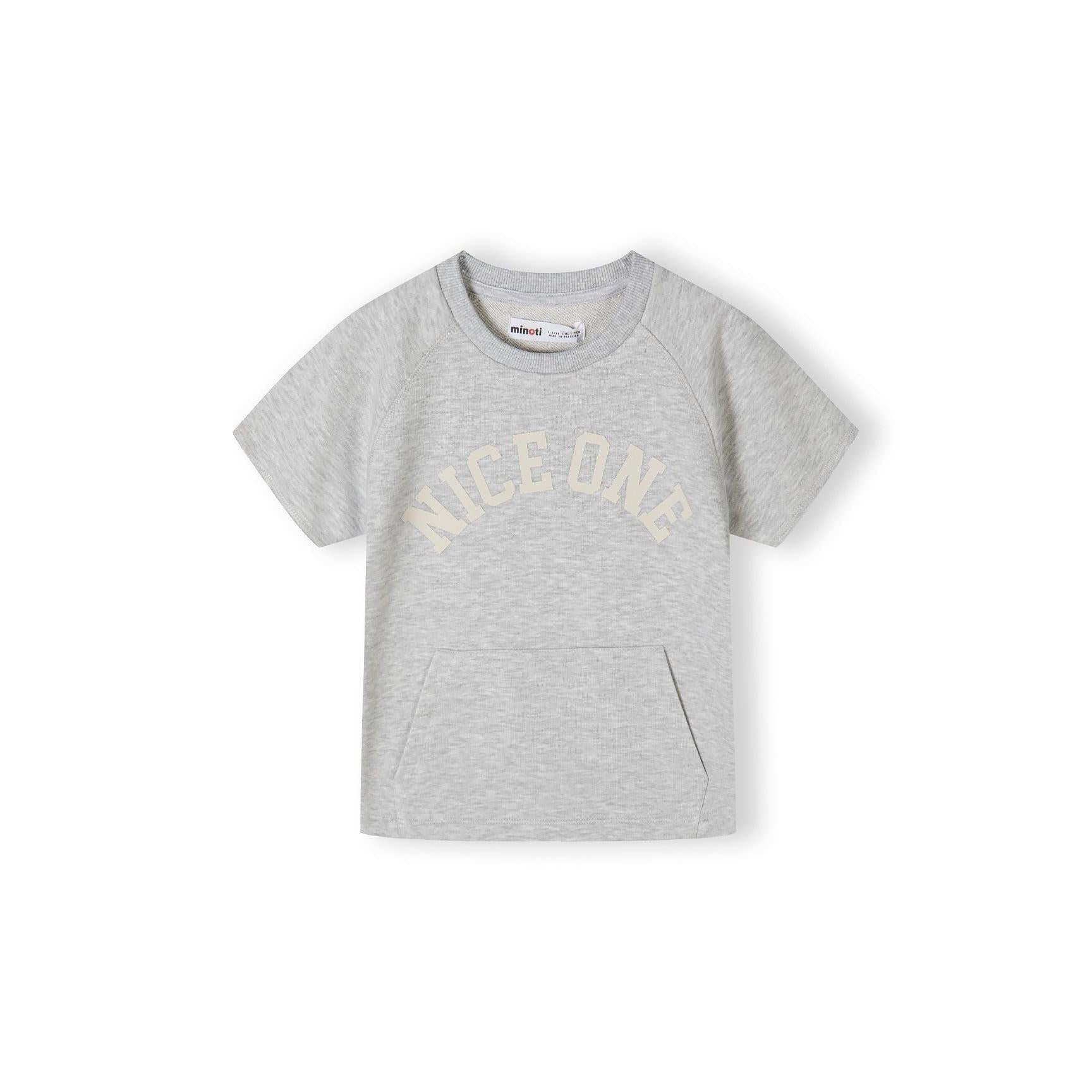 Close-up detail of grey shorts showing Nice One text print on leg and hemmed bottom edge on white background