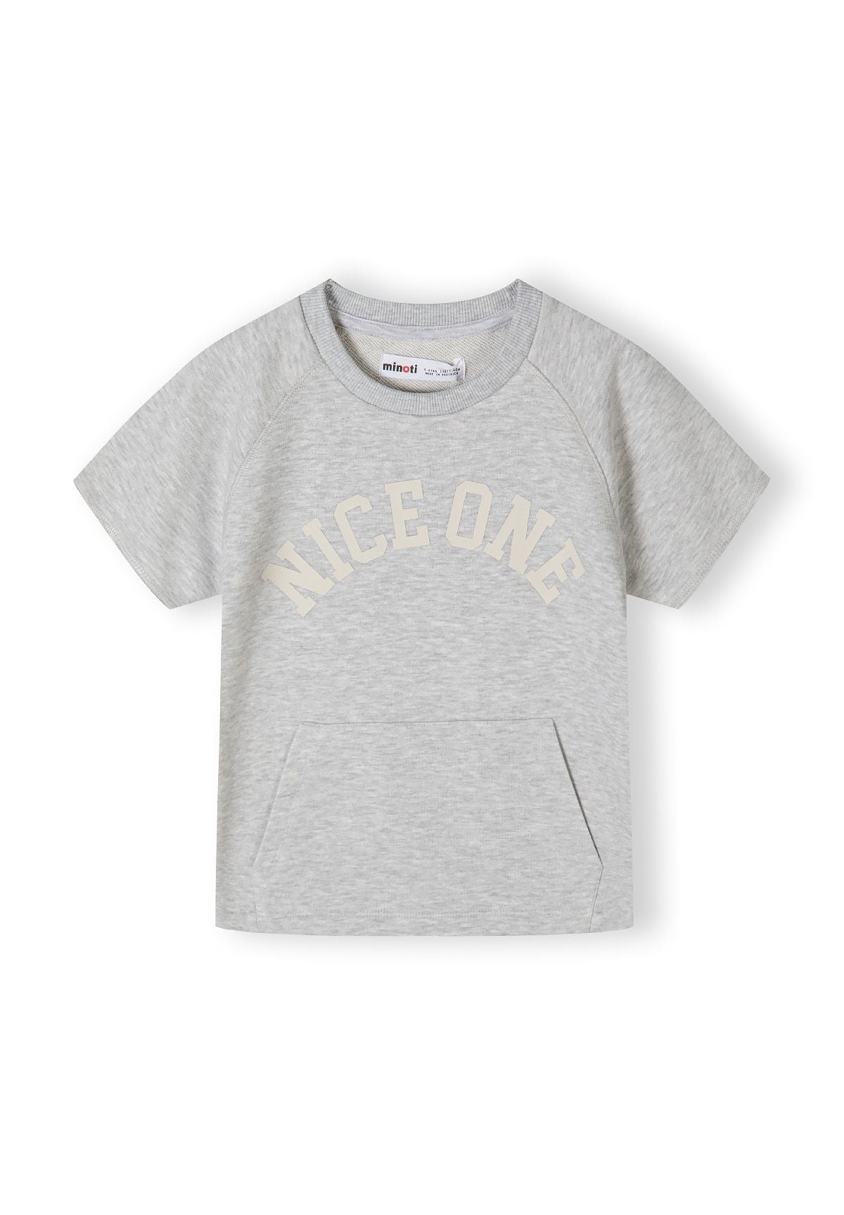 Grey short sleeve t-shirt with printed design and kangaroo pocket, front view.