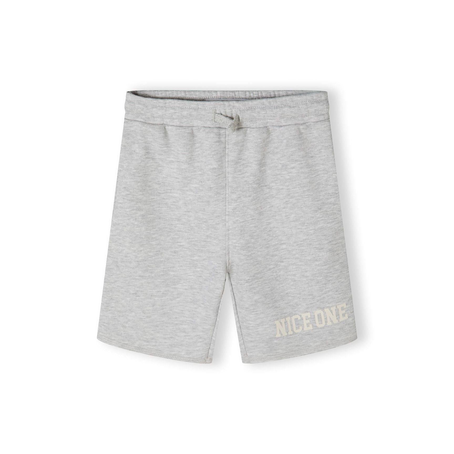 Close-up detail of grey shorts showing Nice One text print on leg and hemmed bottom edge on white background