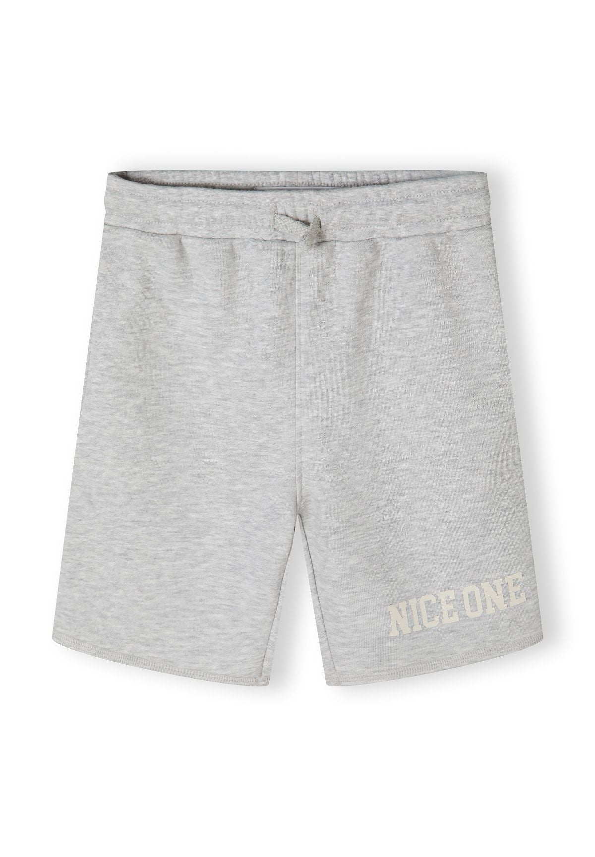 Detail of grey shorts with elastic waistband and printed text 'NICE ONE'.