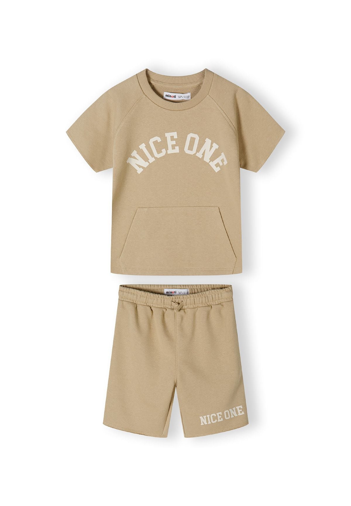 Boys beige short sleeve t-shirt and shorts set, front view with kangaroo pocket.