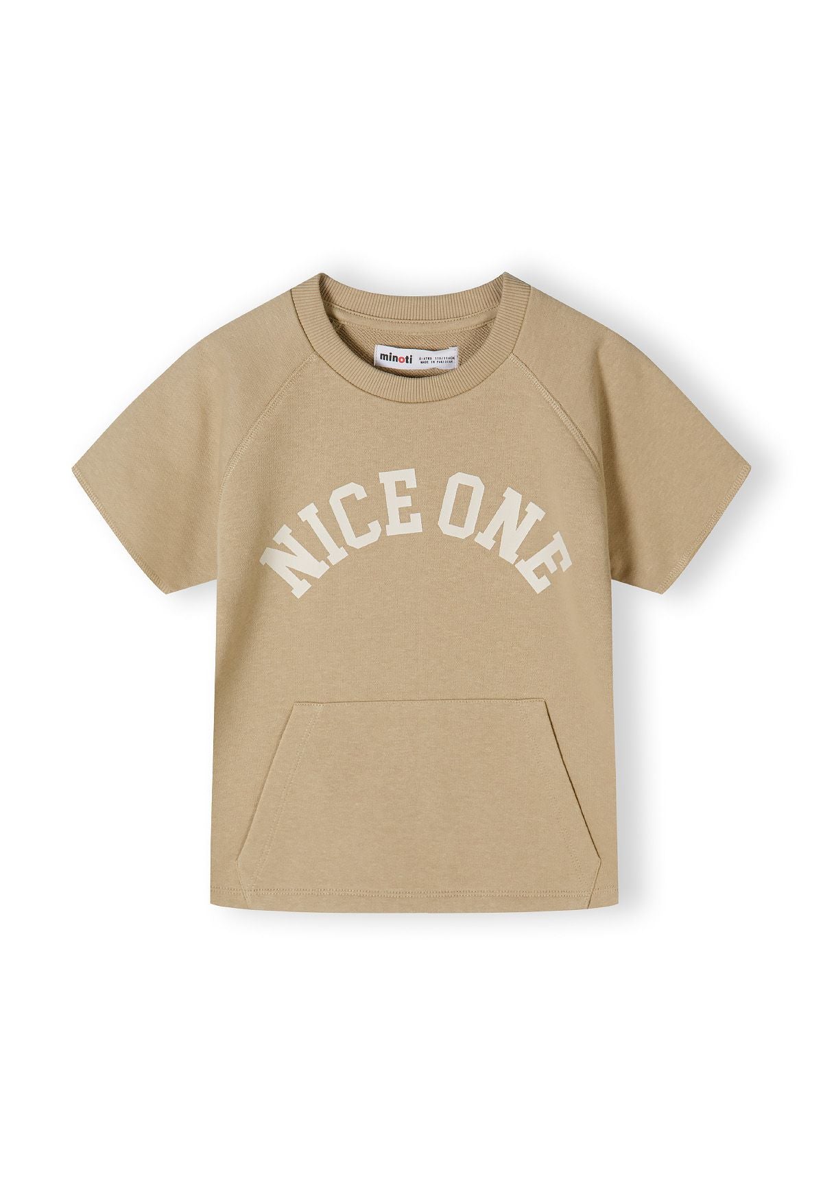 Beige short sleeve boys t-shirt with printed design and kangaroo pocket, front view.