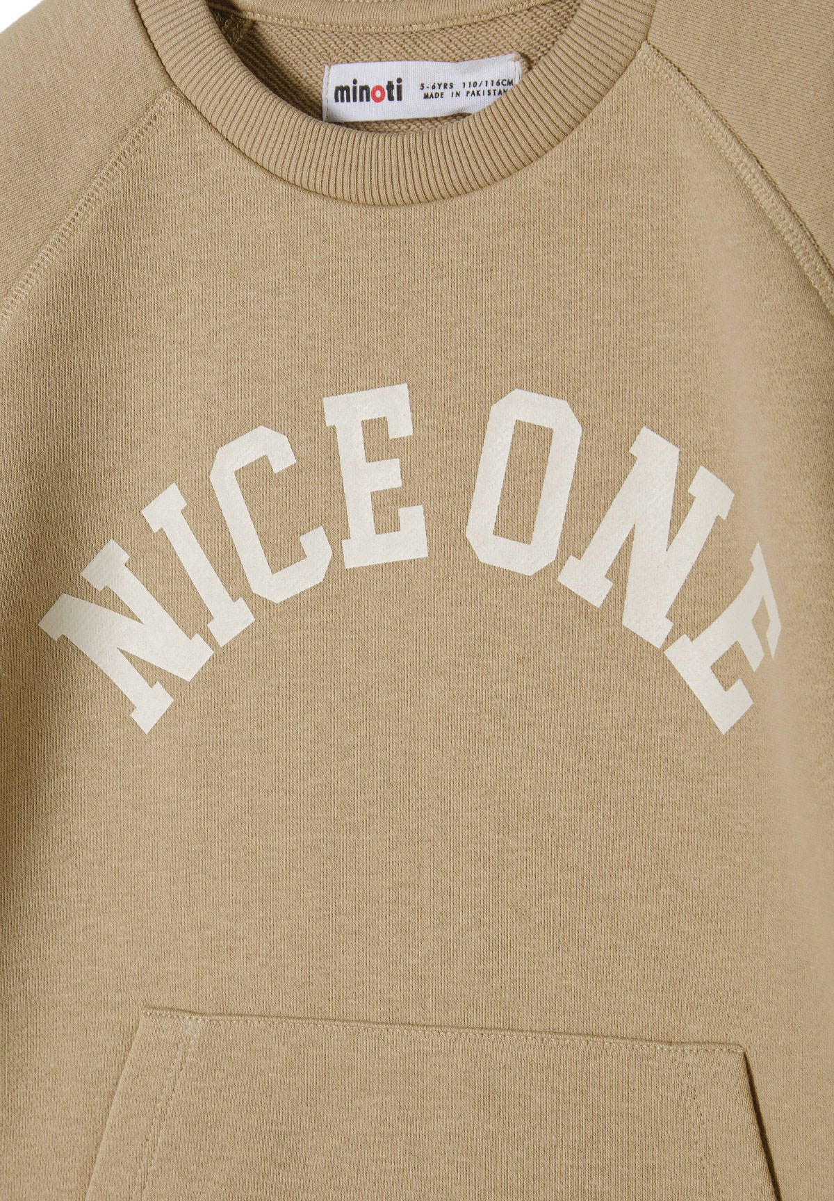 Detail of beige short sleeve t-shirt with 'NICE ONE' print and kangaroo pocket.