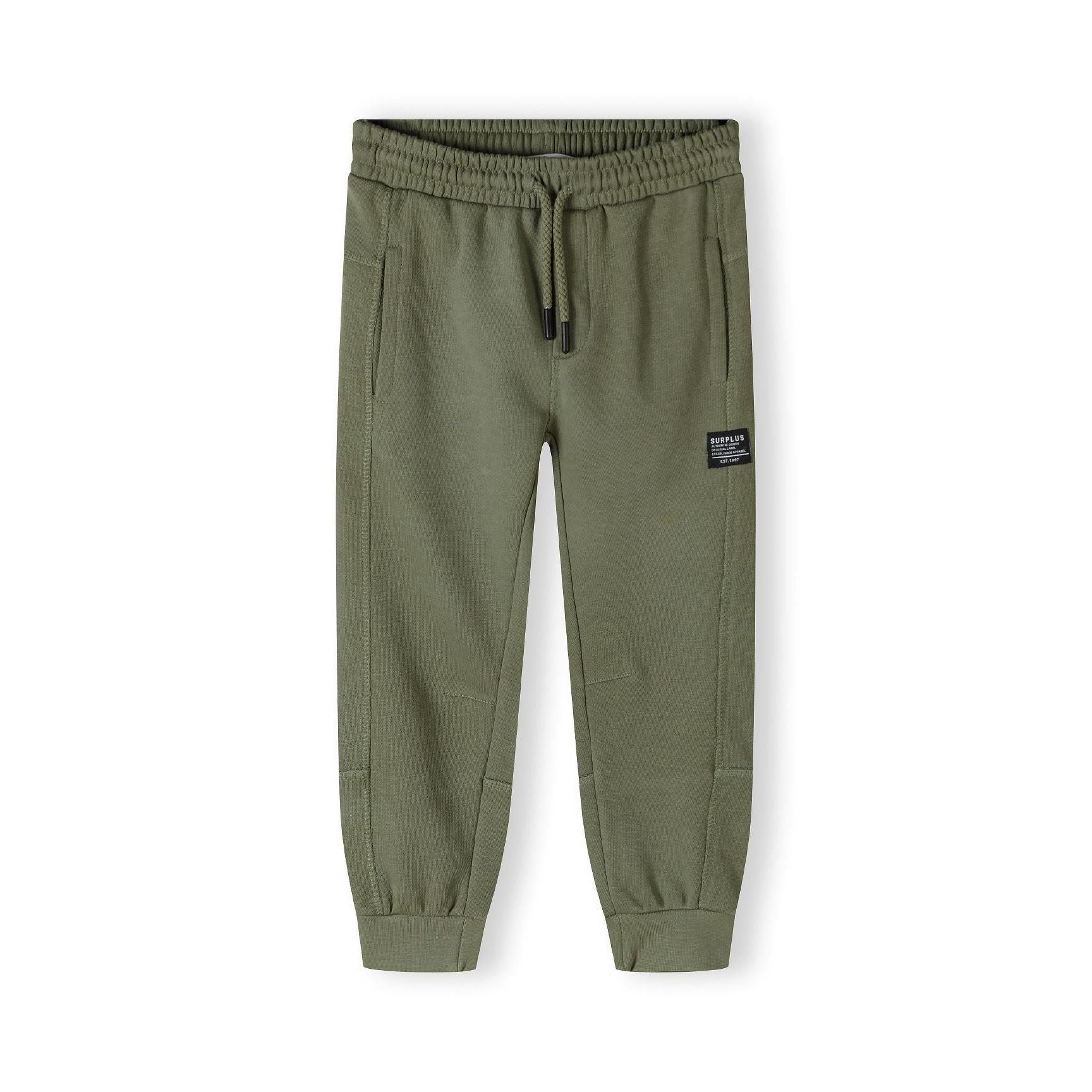 Khaki sweatpants laid flat showing back view with elastic waistband and back pockets, white background
