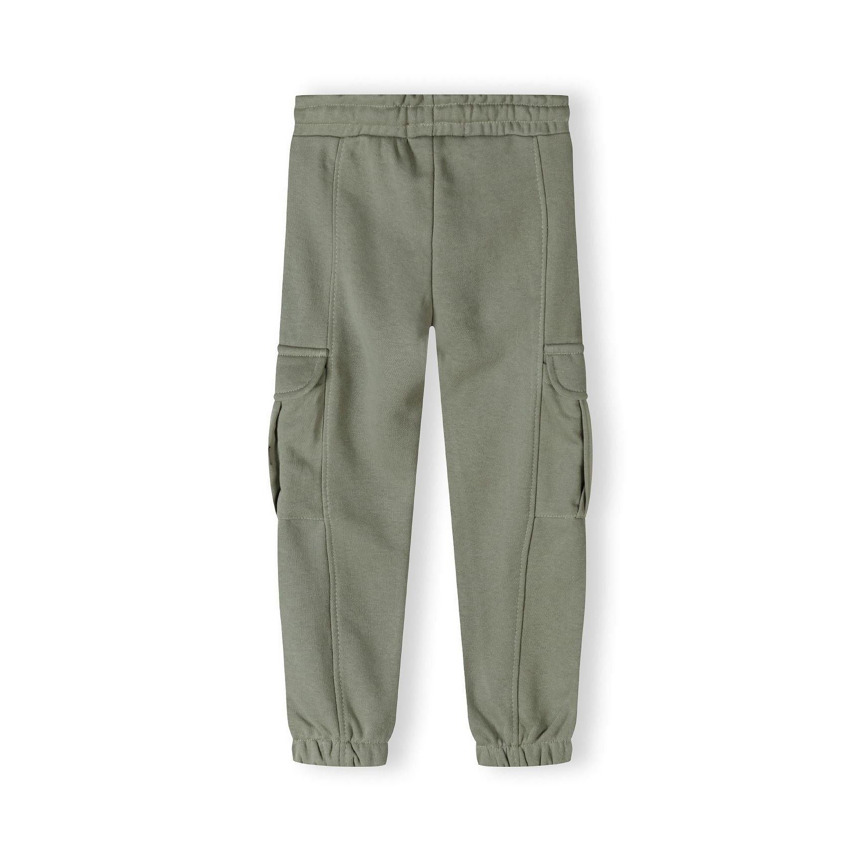 Flat lay of khaki cargo joggers showing elasticated waistband, side cargo pockets and cuffed ankles on white background