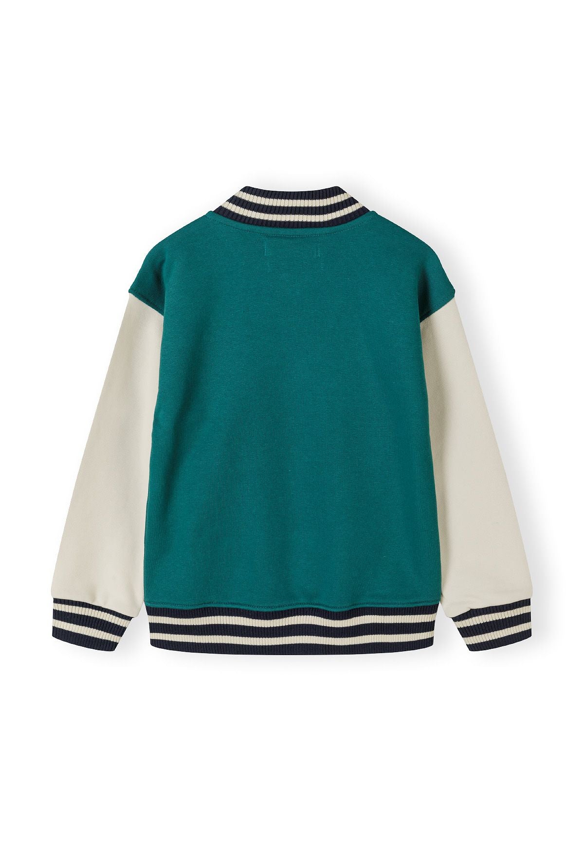 Back view of green fleece baseball jacket with cream sleeves and navy striped ribbing on white background