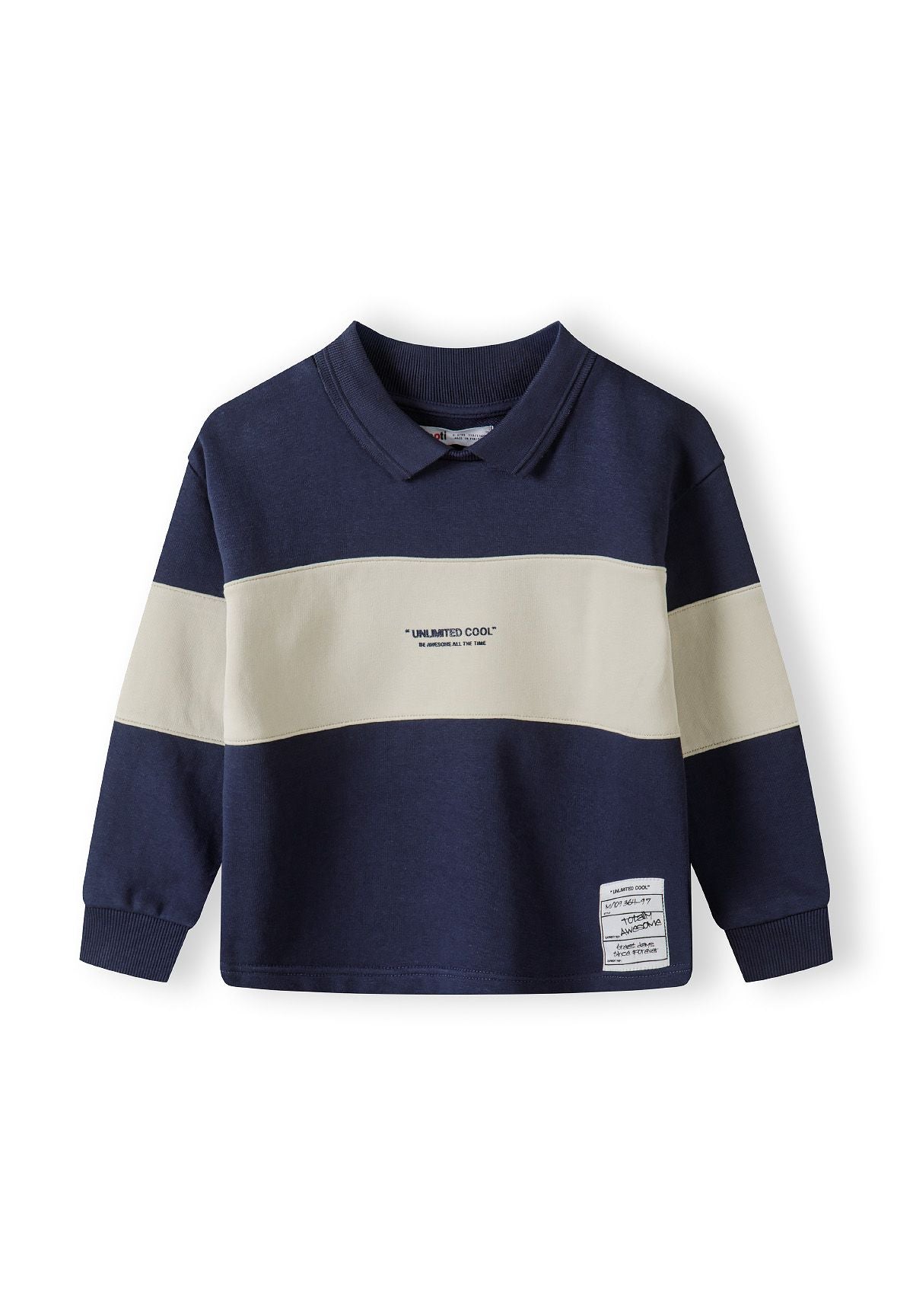 Navy and cream collared sweatshirt, front.