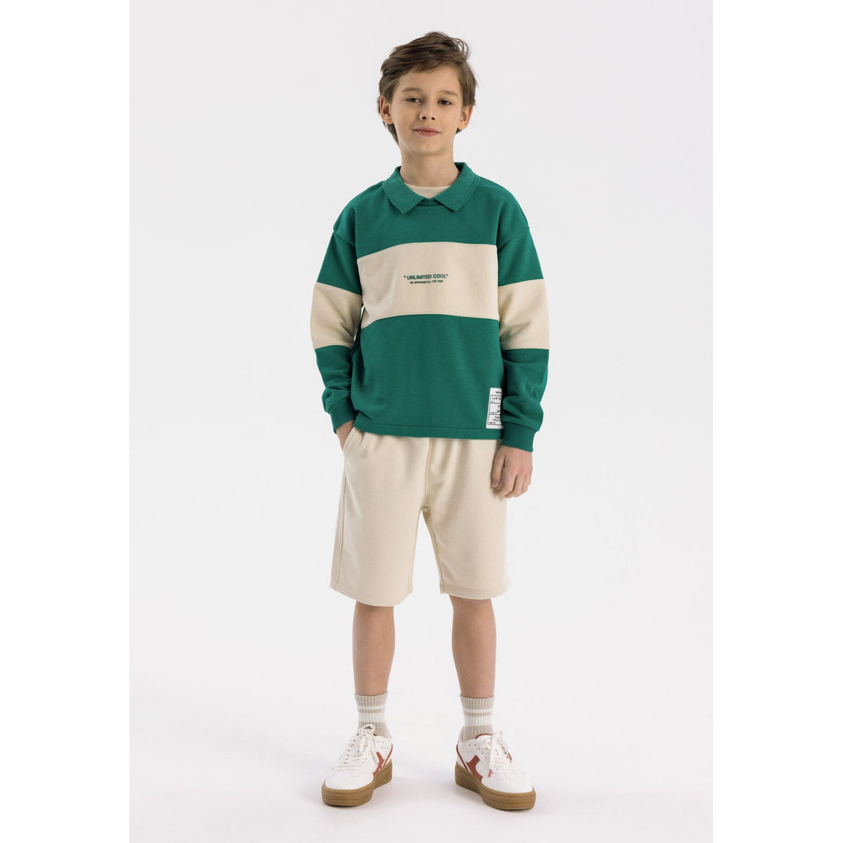 Boys' collared sweatshirt in green and cream — complete product view for square Shop card