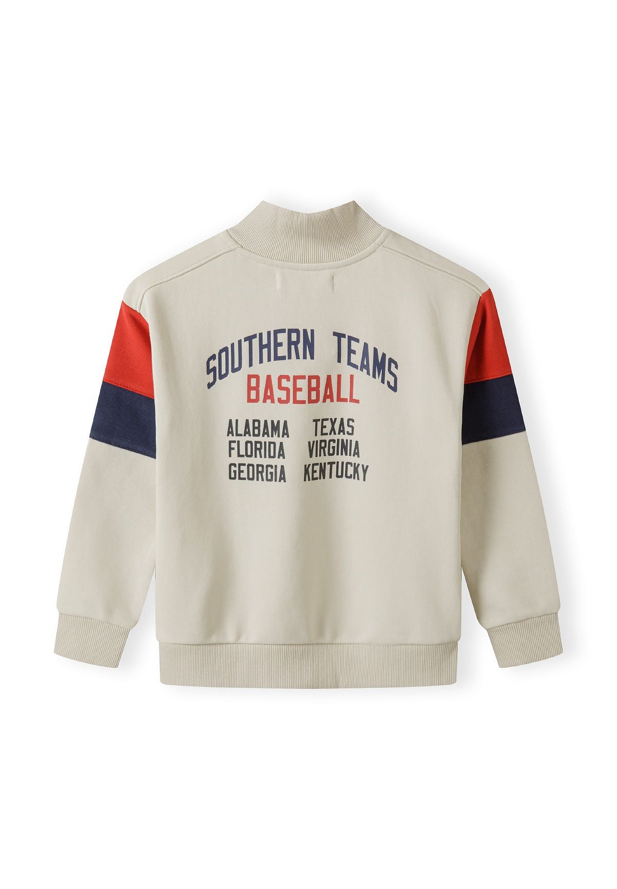 Boys half zip jumper in cream with ribbed cuffs, back view showing logo and contrasting panels.