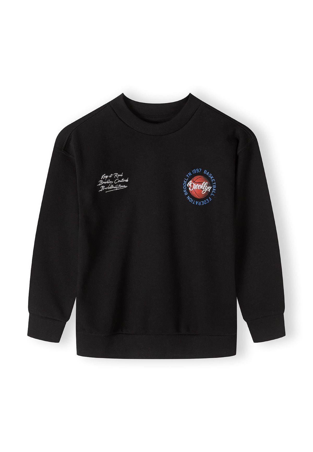 Black crew neck sweatshirt, front.