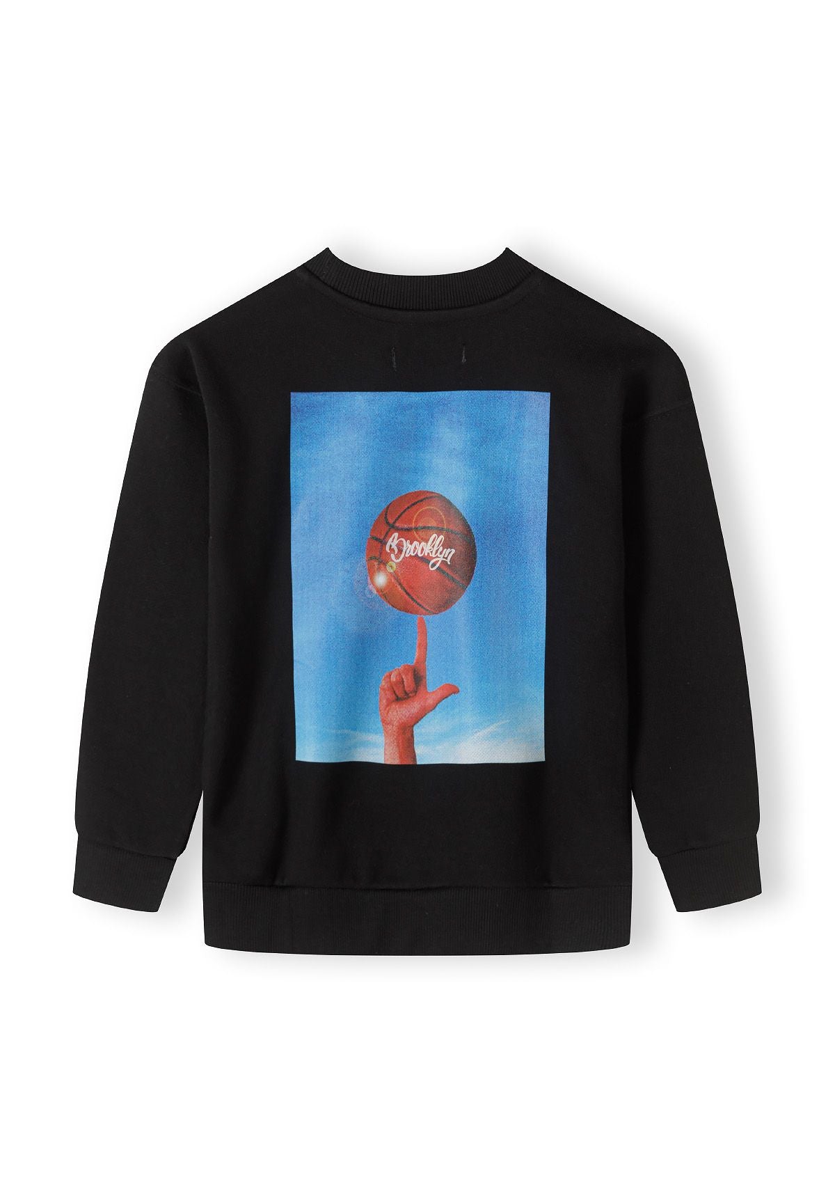 Black crew neck sweatshirt, basketball graphic back.
