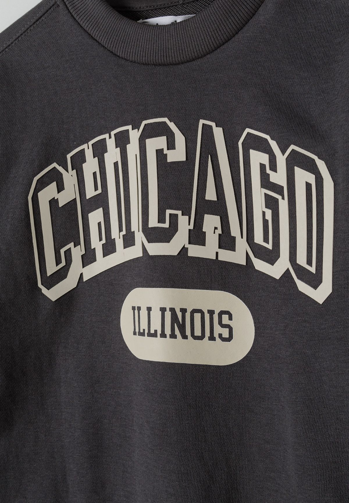 Close-up of cream CHICAGO and ILLINOIS chest print on charcoal sweatshirt.