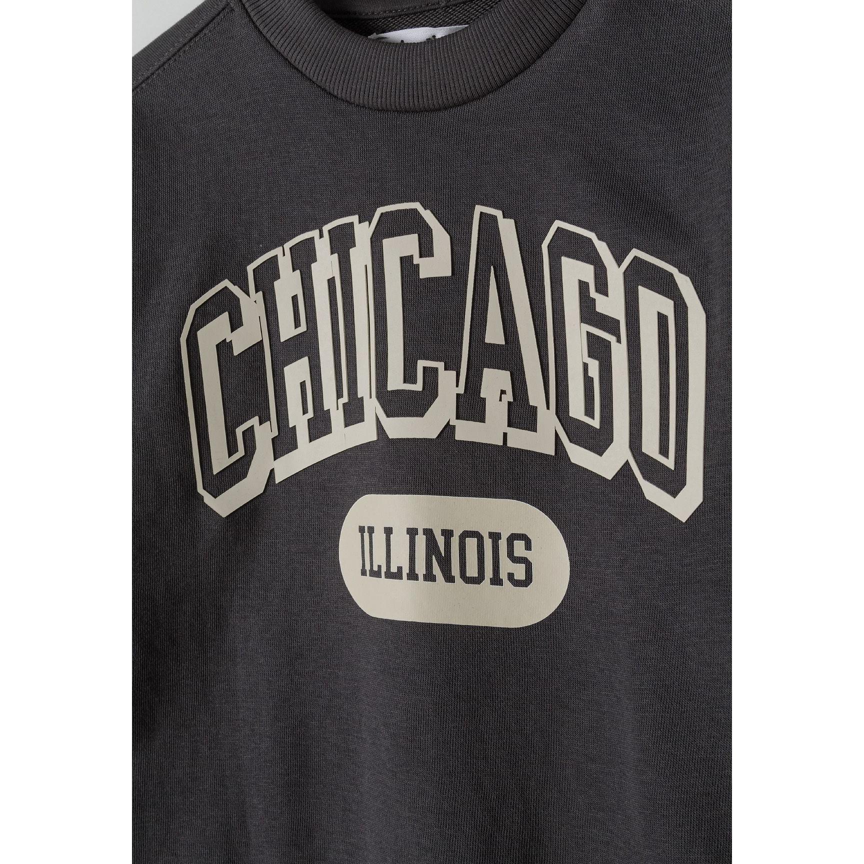 Close-up detail of Chicago Illinois print in cream block letters on grey fleece fabric showing texture and letter styling