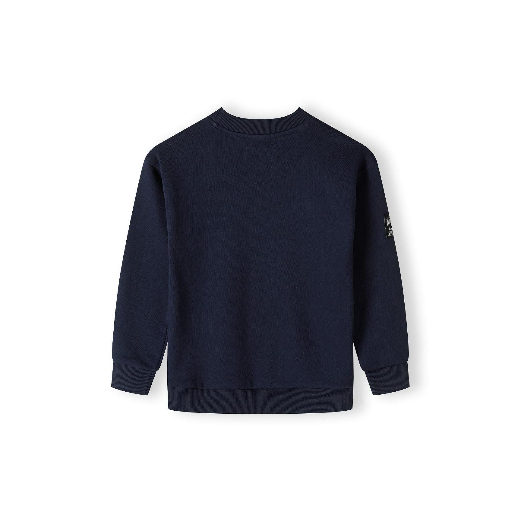 Back view of navy fleece sweatshirt showing plain design with small logo detail on sleeve, flat lay on white background