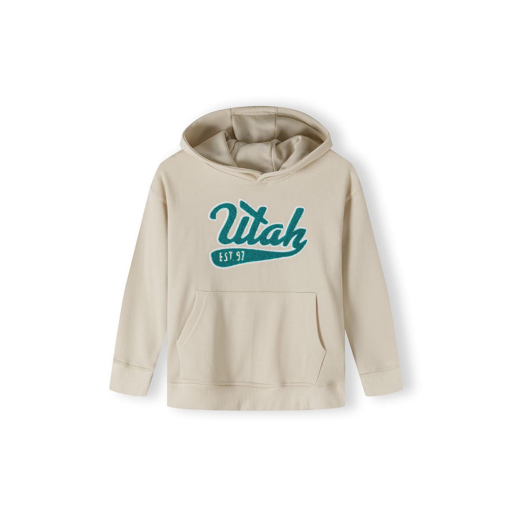 Back view of cream oversized hoodie showing plain design and hood construction