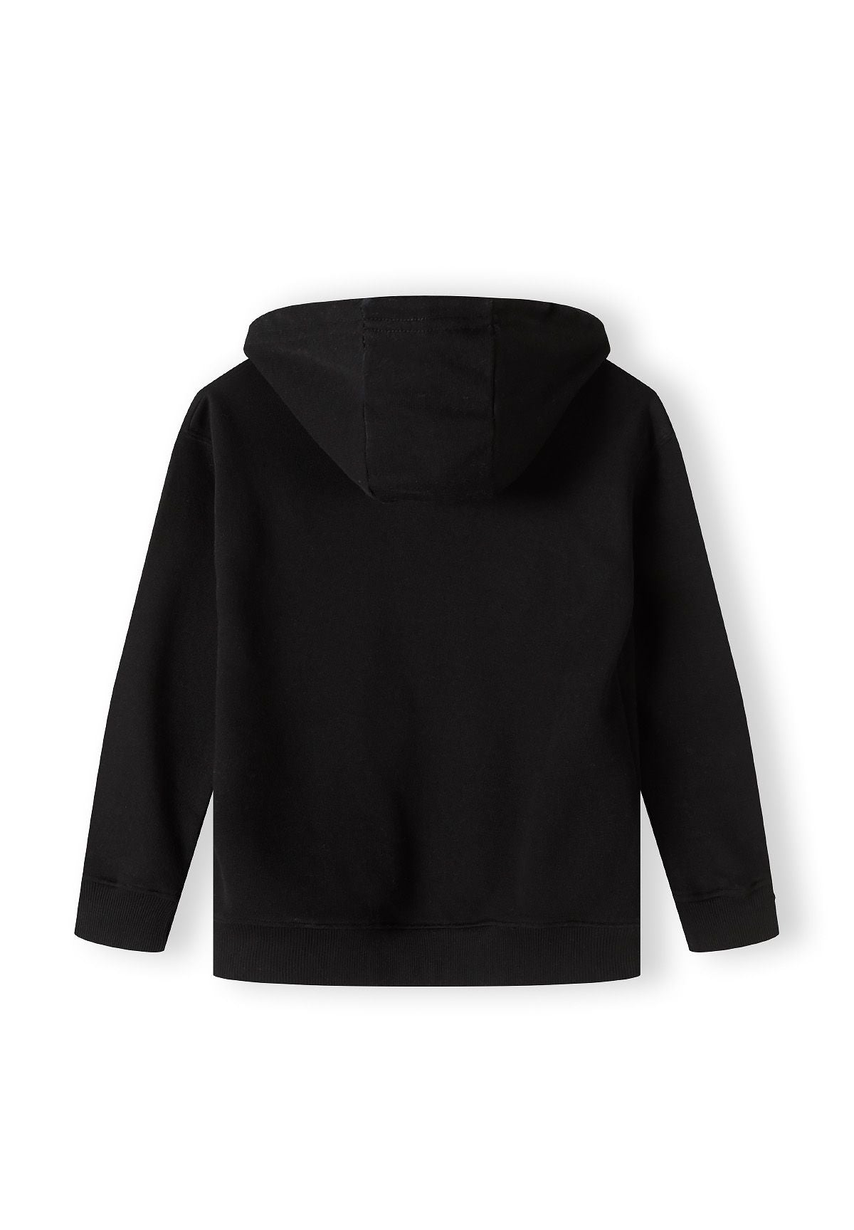 Back view of a black oversized boys hoodie with a hood and ribbed cuffs.