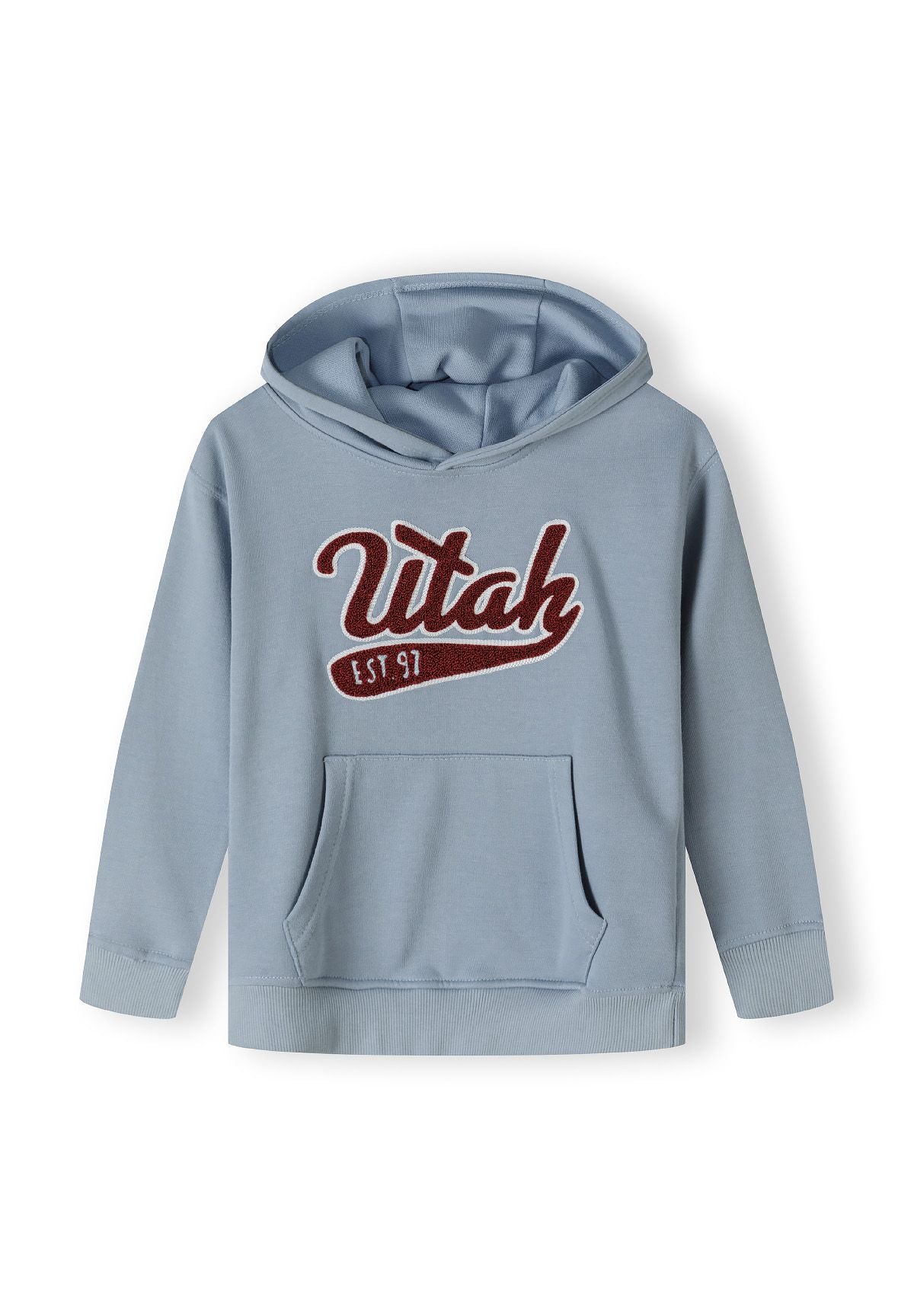 Boys oversized blue hoodie with kangaroo pocket, front view, featuring decorative print.