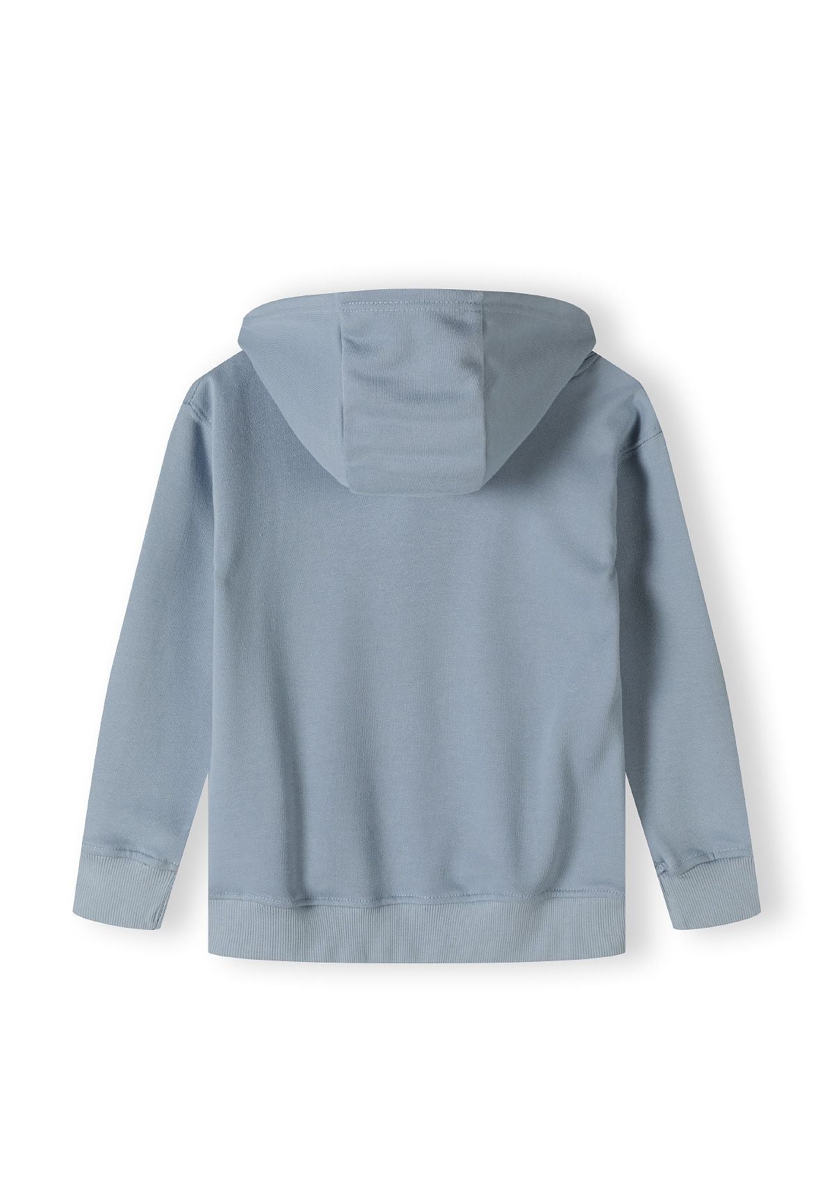 Back view of a boys oversized blue hoodie with a hood and ribbed cuffs.