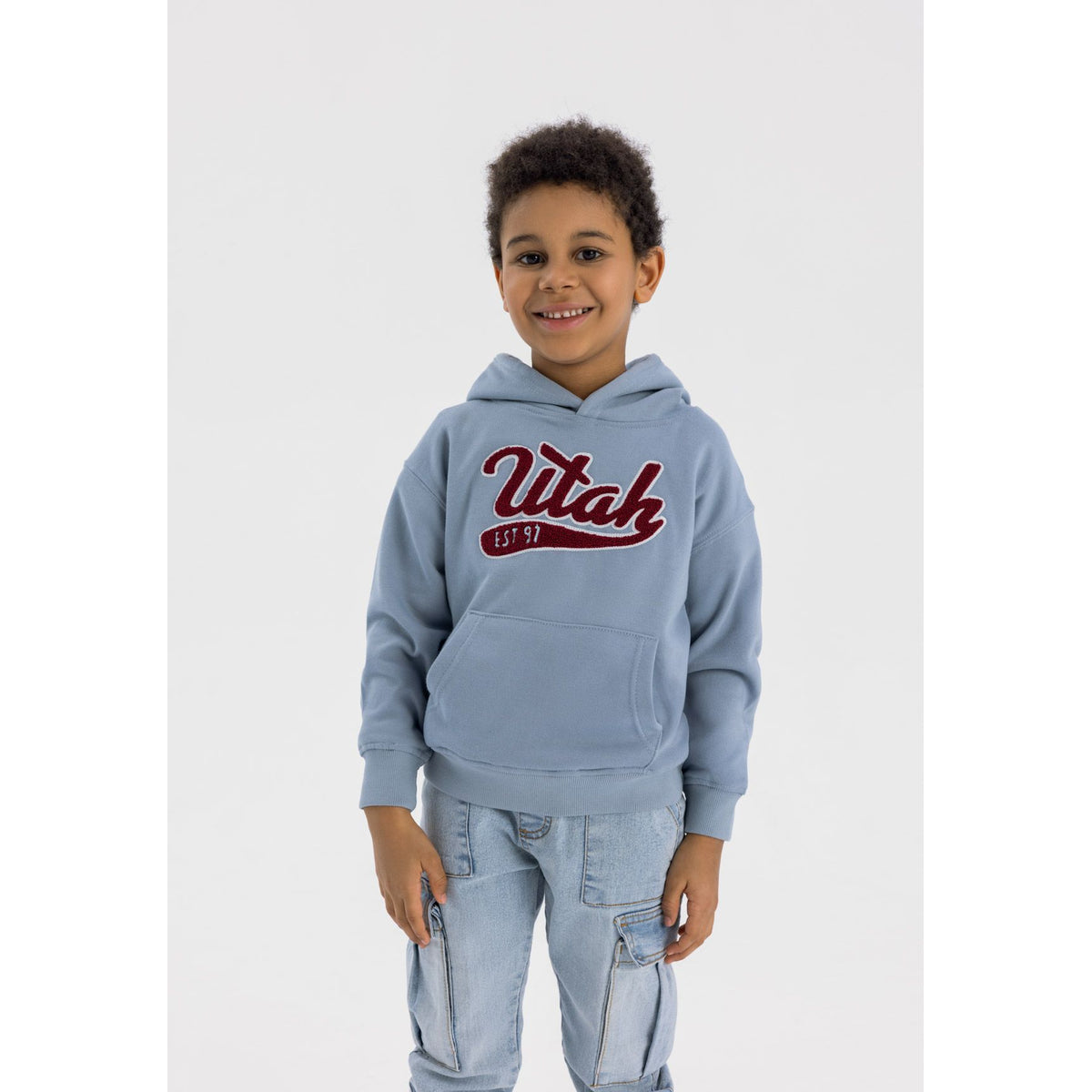 Boys' pullover hoodie in light blue — complete product view for square Shop card