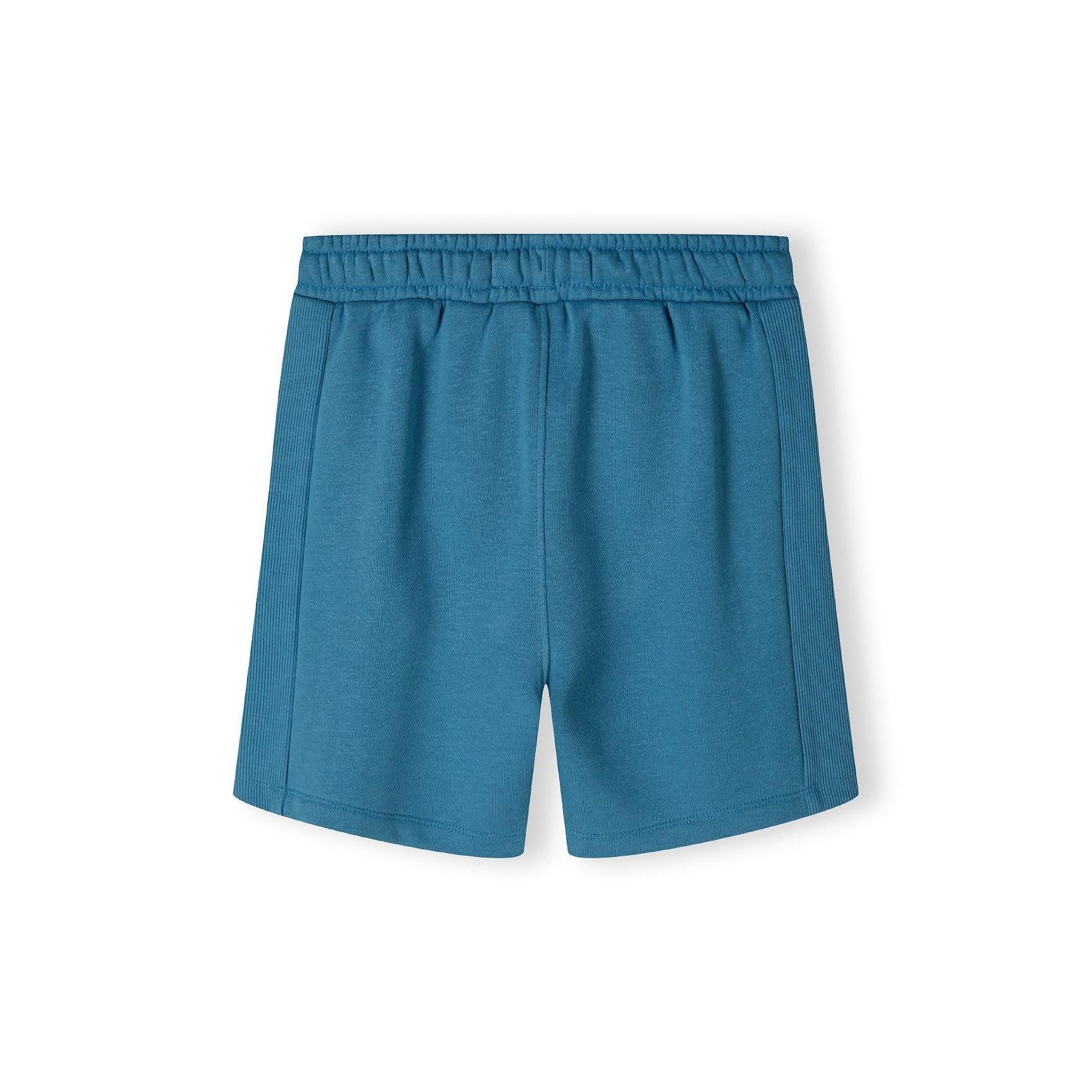 Blue fleece shorts laid flat showing front view with elastic waistband and relaxed cut design