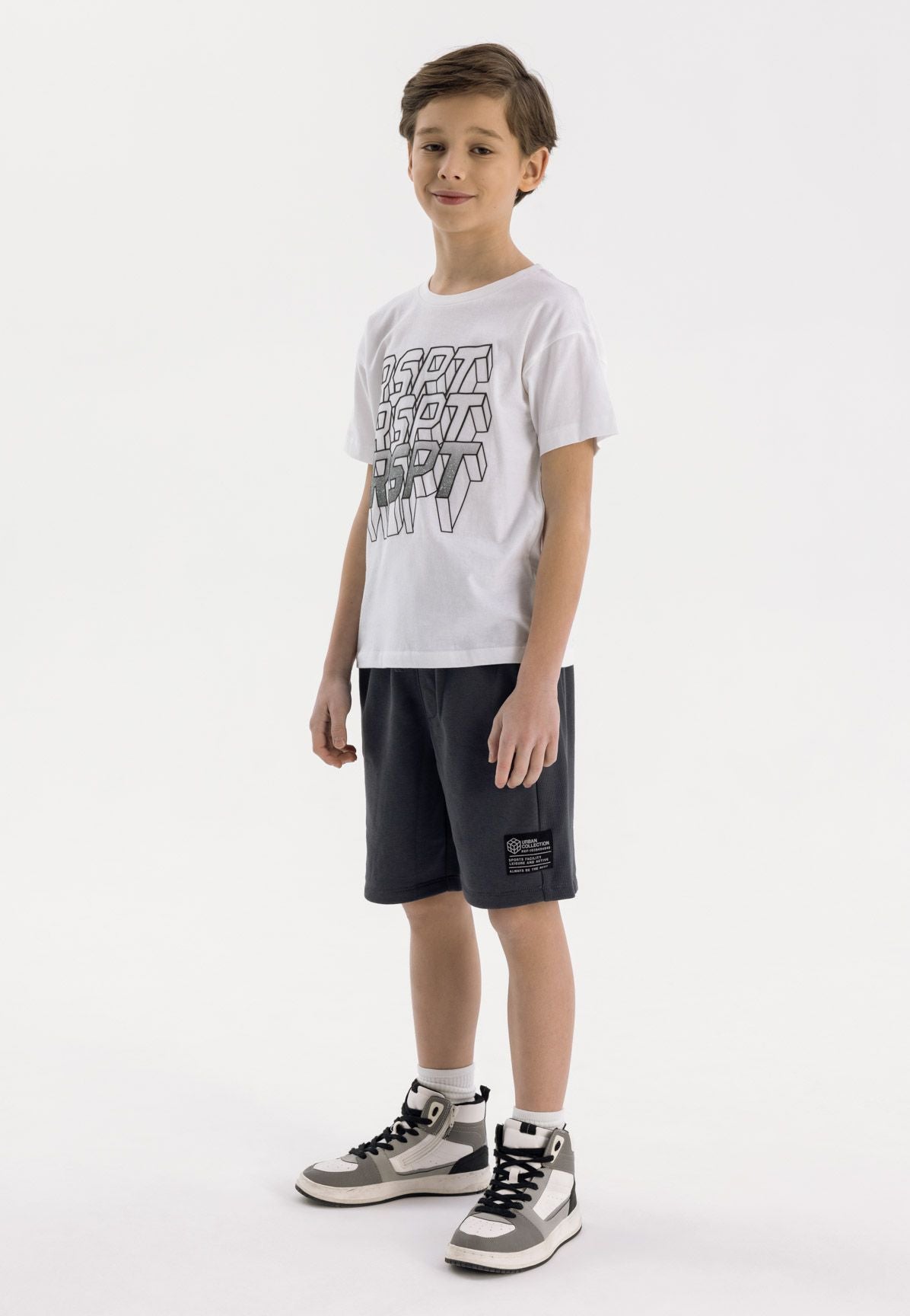 Charcoal jogger shorts, worn front.