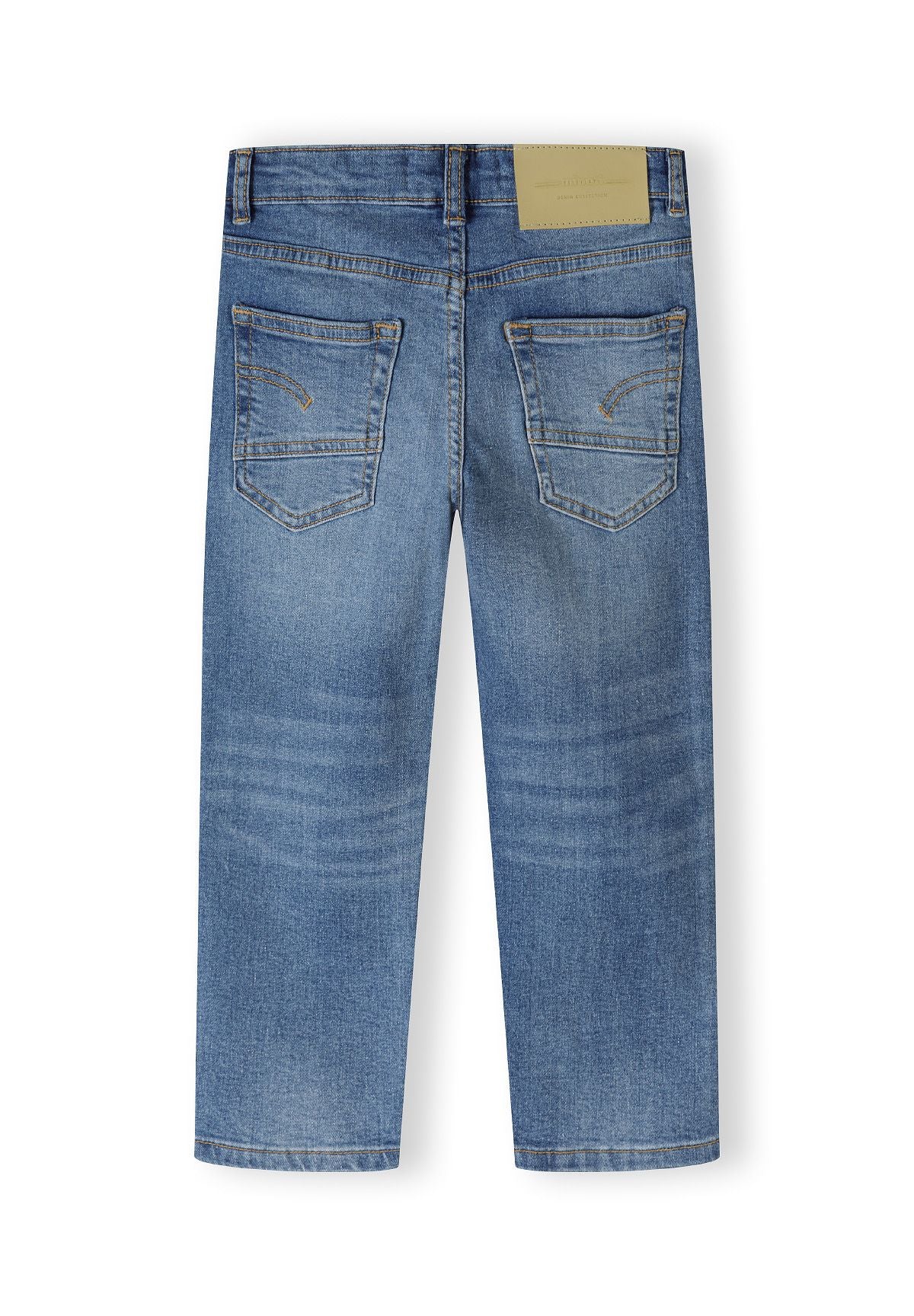 Boys navy denim jeans, back view, featuring straight leg cut and two back pockets.