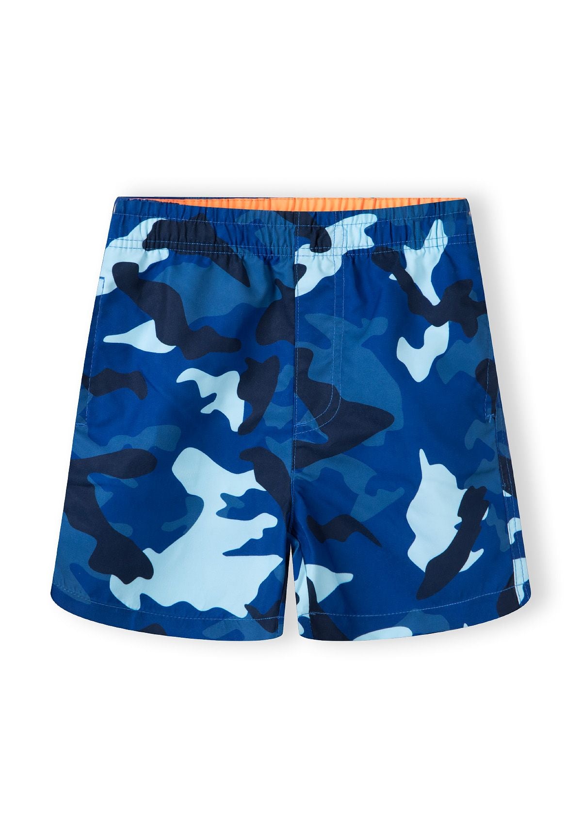 Boys beach swim shorts in navy blue with camouflage print, back view.