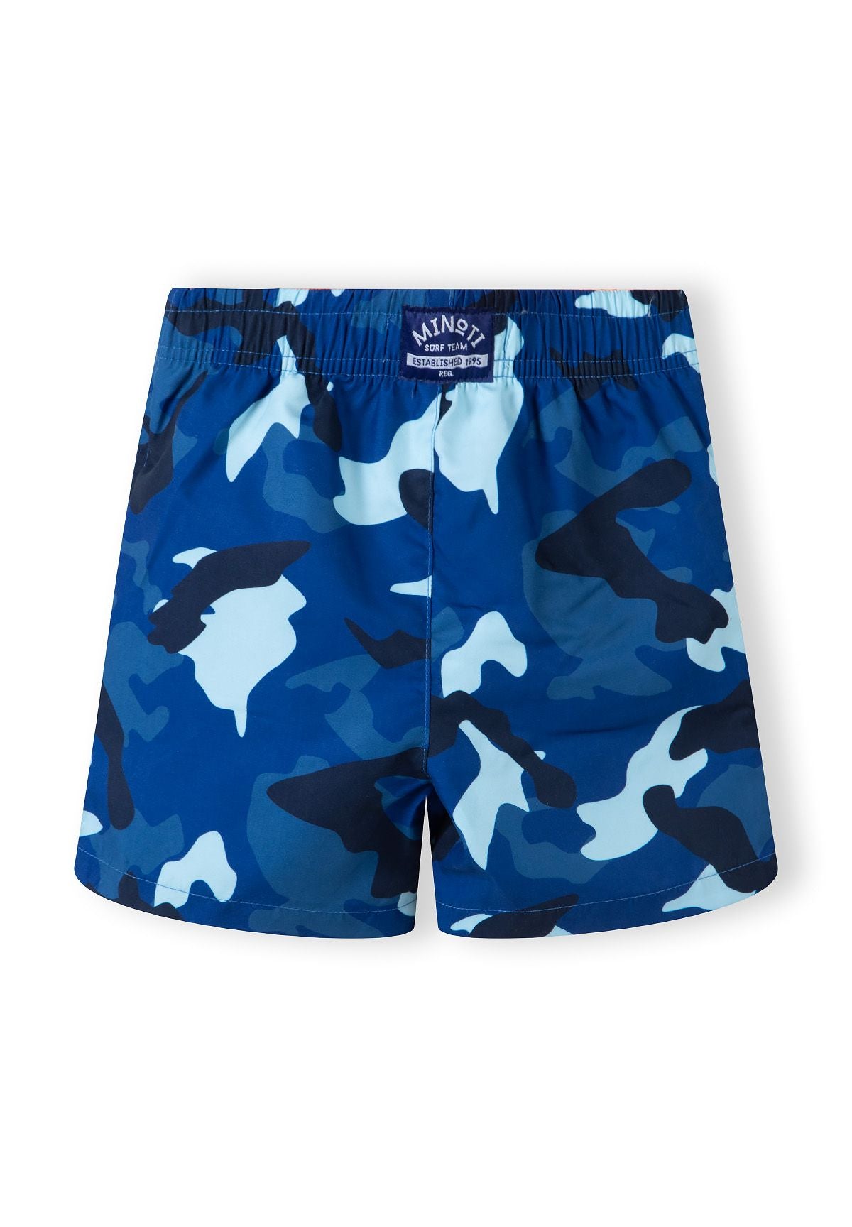 Boys swim shorts in navy blue with a camouflage print, back view, elasticated waistband.