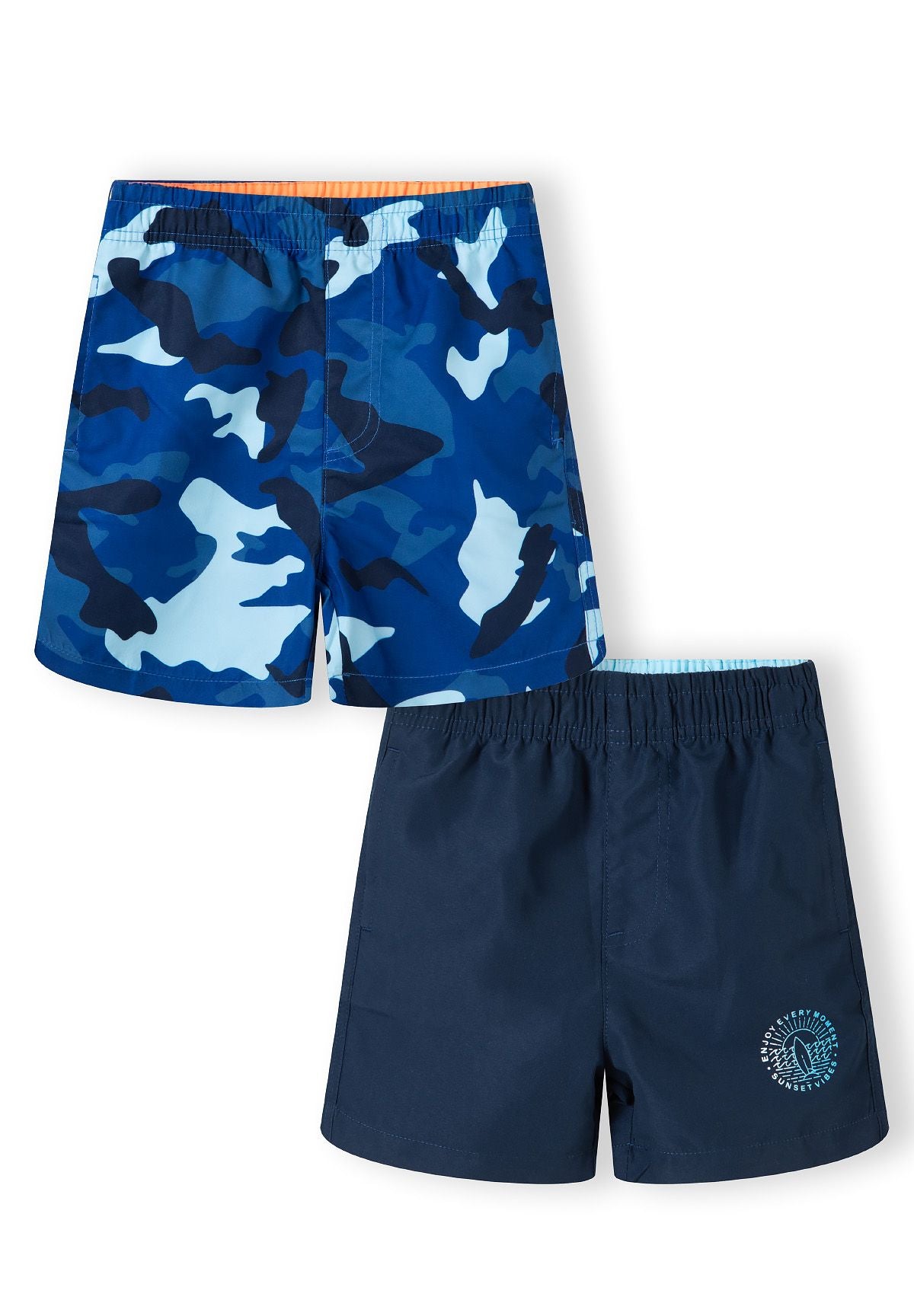 Boys beach swim shorts 2 pack, one with camo print, elasticated waistband, front view.
