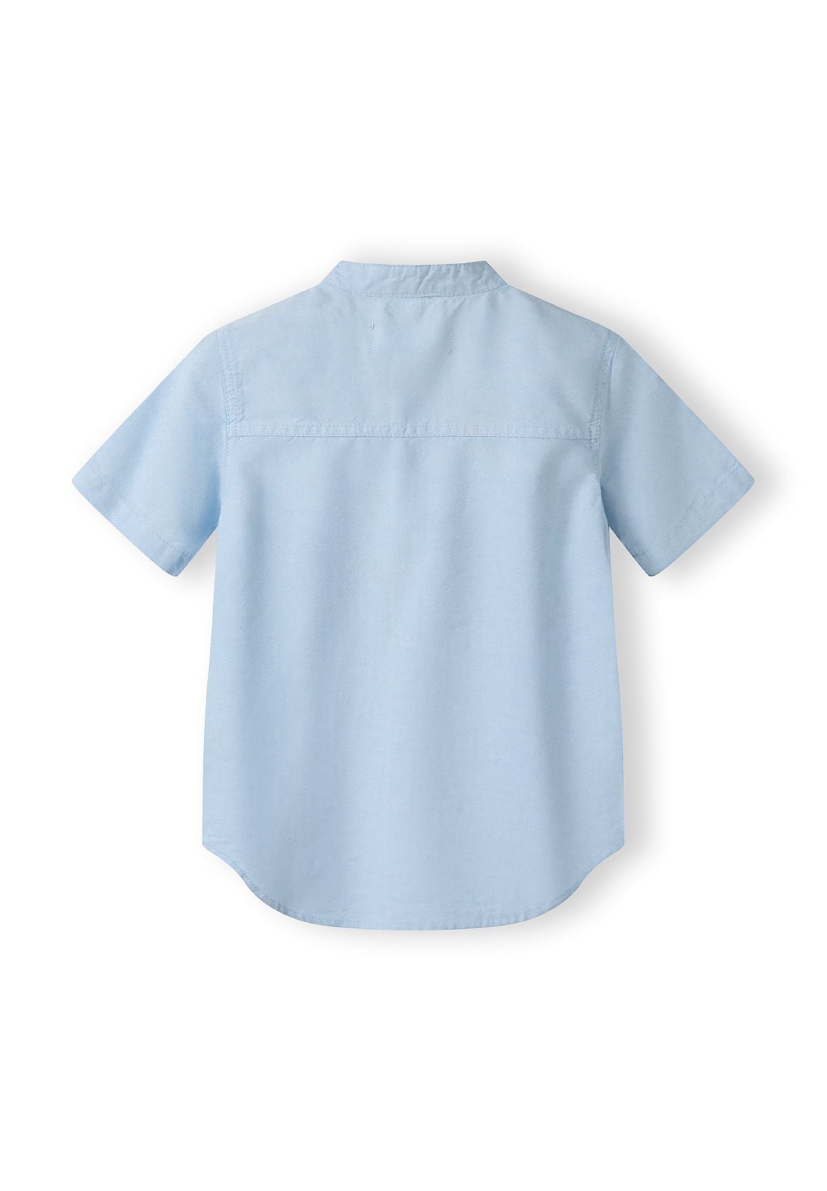 Back view of a boys grandad-style shirt in light blue with a stand-up collar and short sleeves.