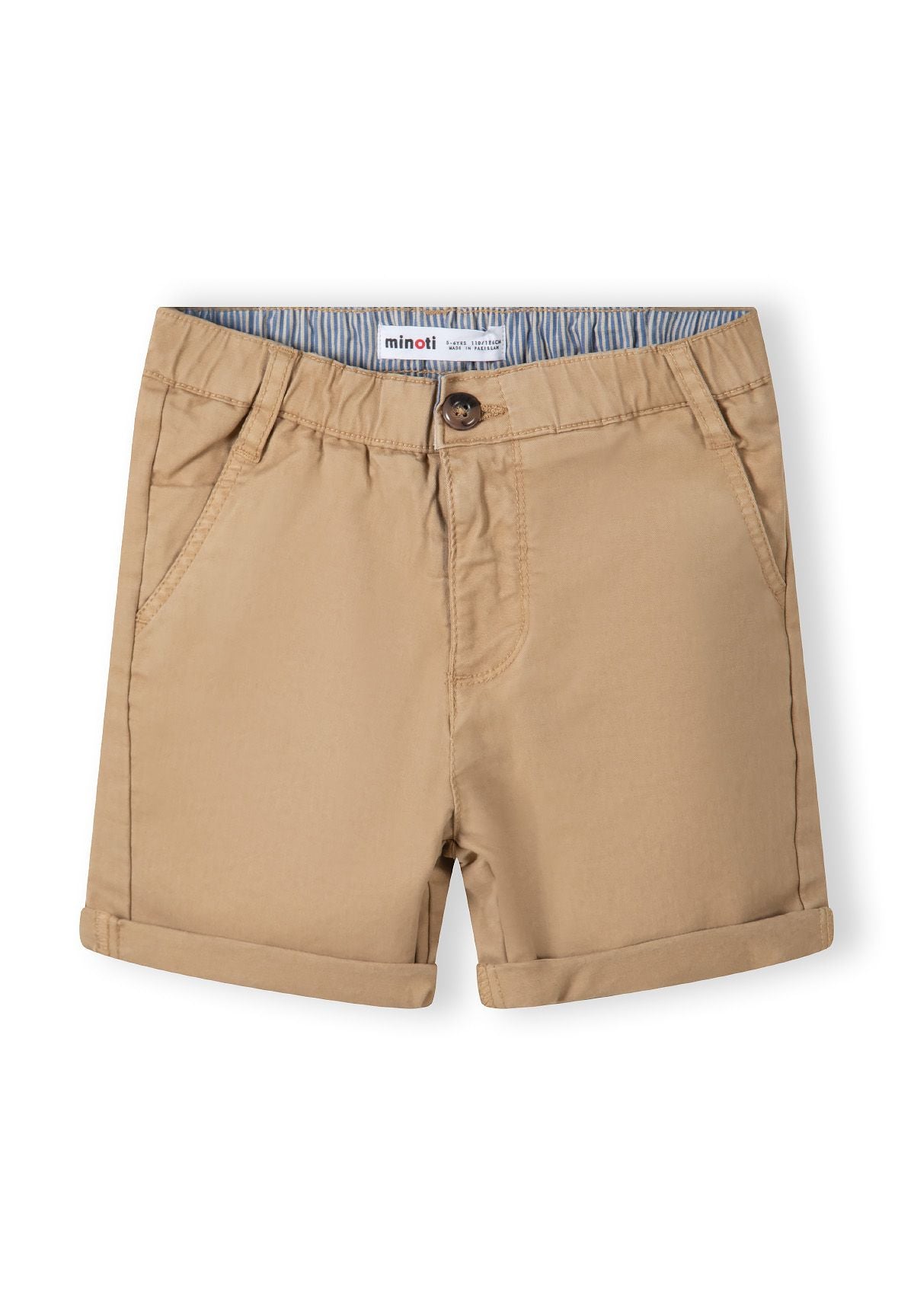 Light blue and beige grandad collar shirt and shorts set, shorts front.