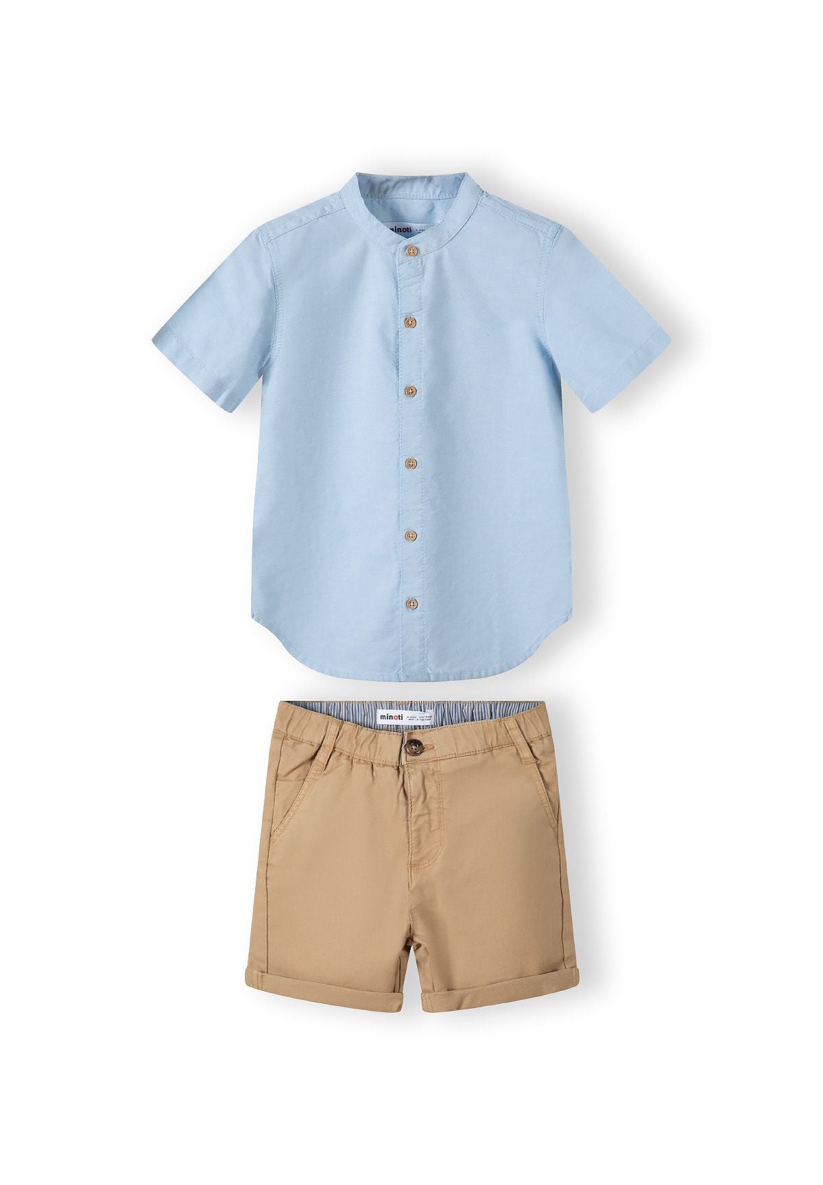 Light blue and beige grandad collar shirt and shorts set, set front.