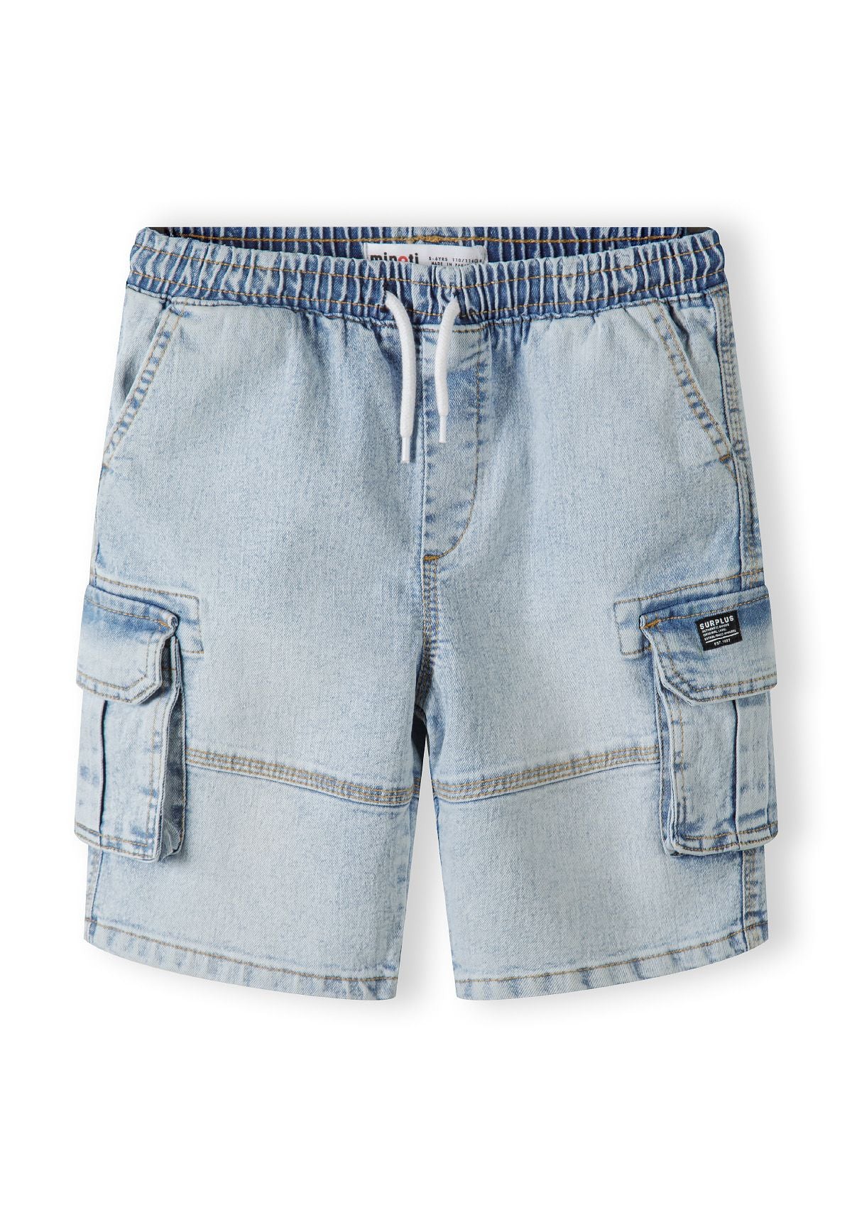 Boys light blue denim cargo shorts, front view, featuring elasticated waistband and large side pockets.