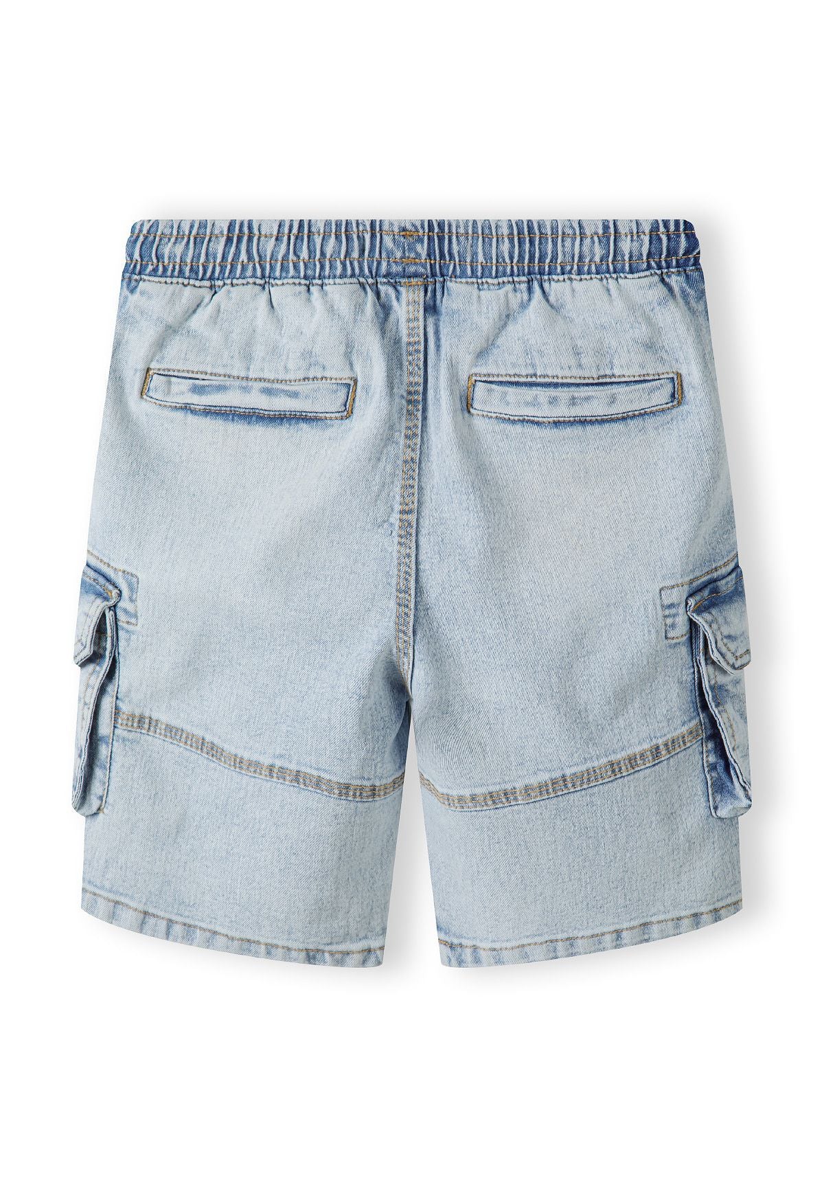 Boys light blue denim cargo shorts, back view with elasticated waistband and large cargo pockets.